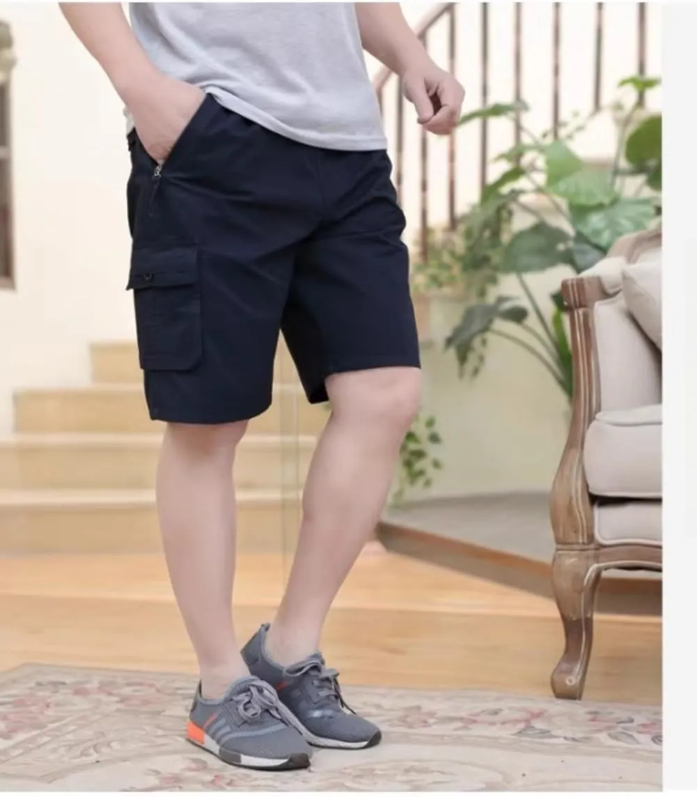 Men's Cotton Full Elastic Waist Cargo Shorts Loose Fit Drawstring Short