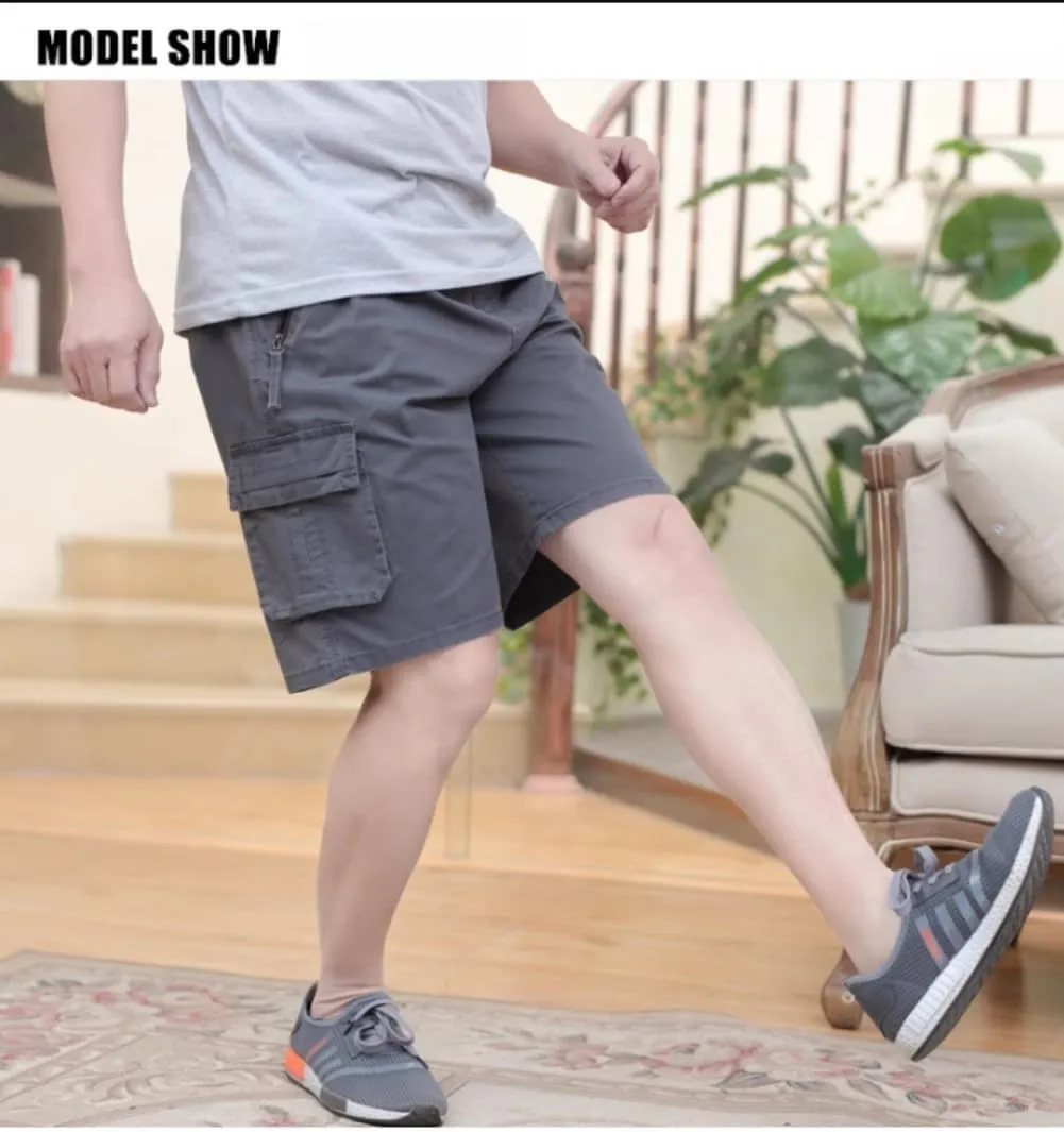 Men's Cotton Full Elastic Waist Cargo Shorts Loose Fit Drawstring Short