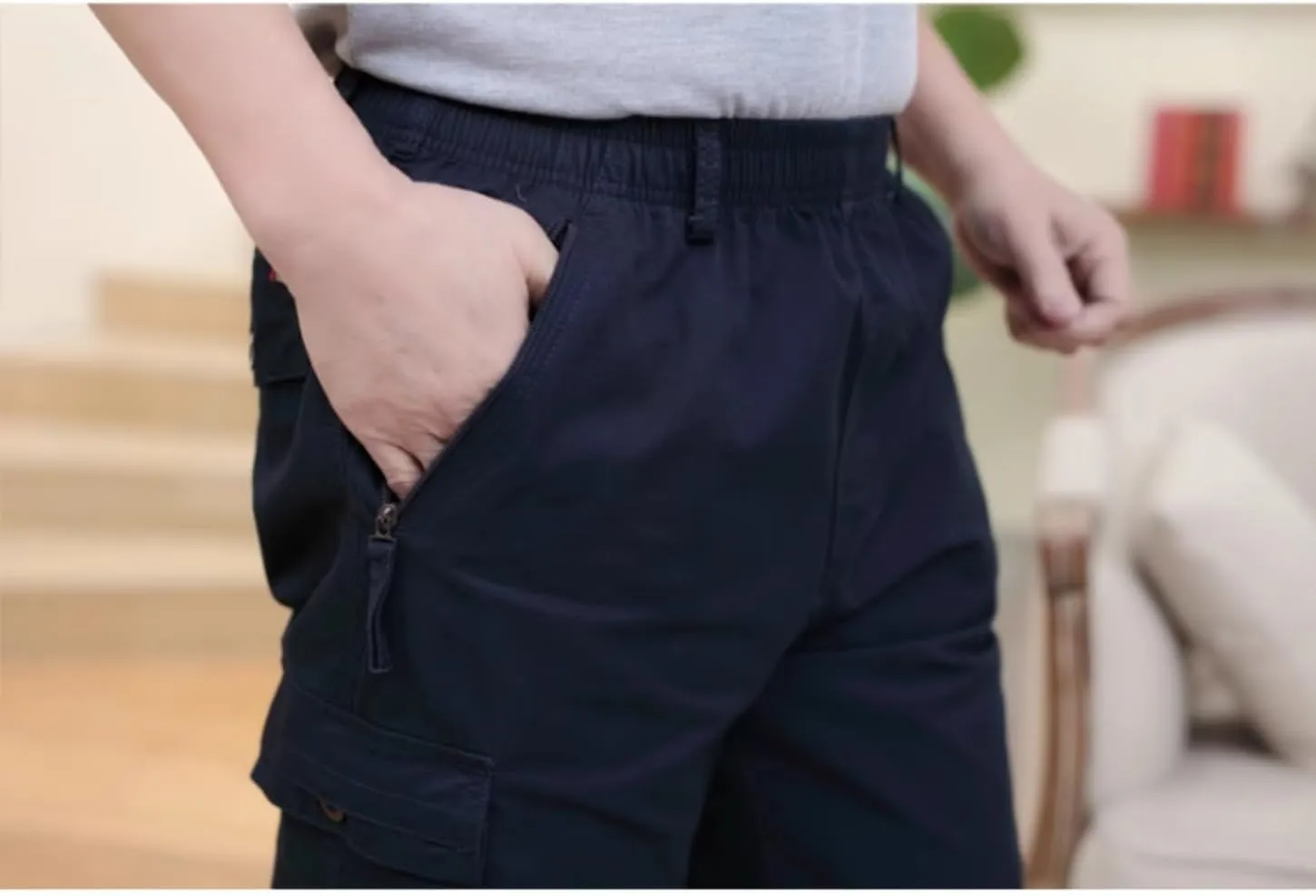 Men's Cotton Full Elastic Waist Cargo Shorts Loose Fit Drawstring Short