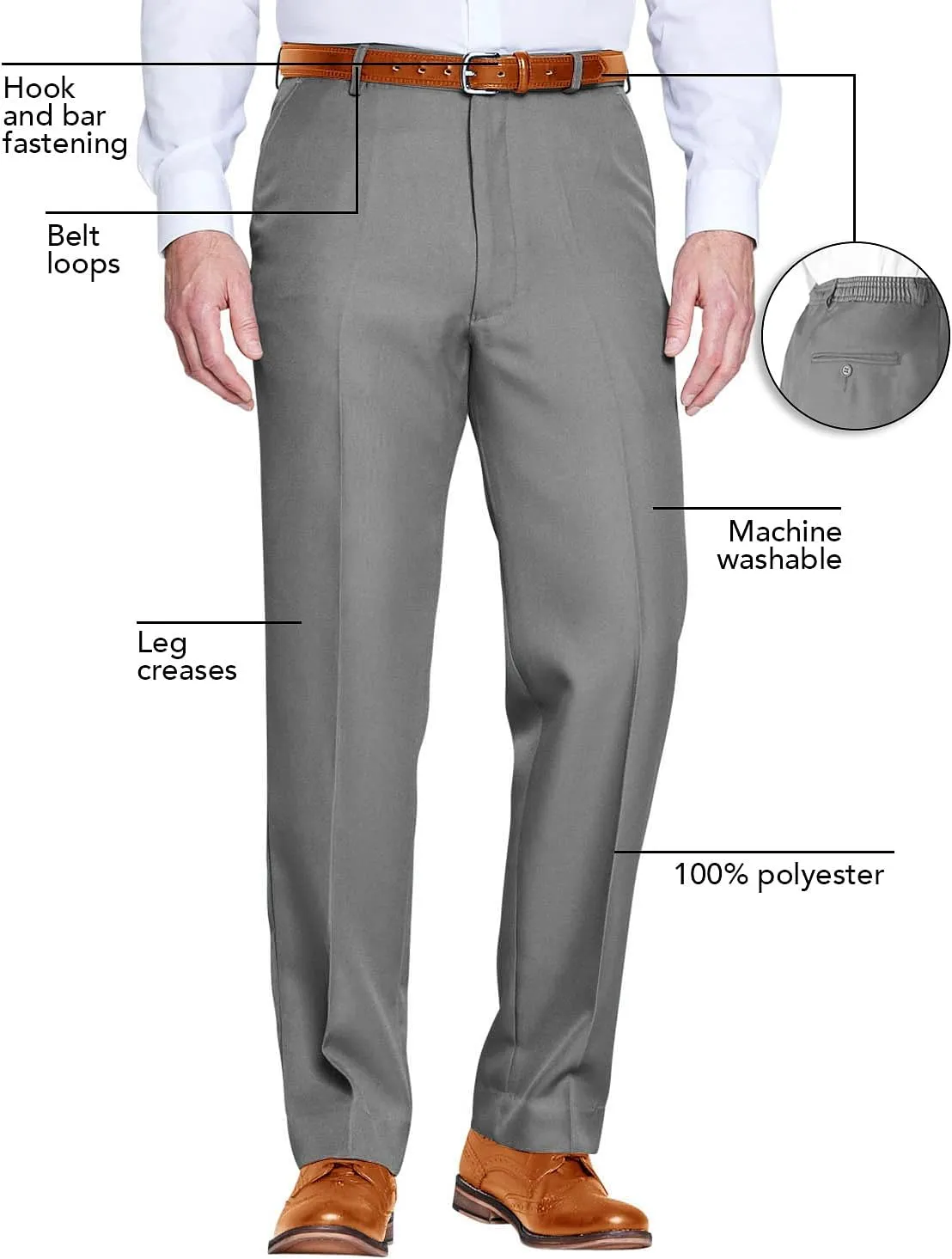 Men's Elasticated Pants with Hidden Stretch Fit Waist Smart Formal Comfortable Golf Slacks