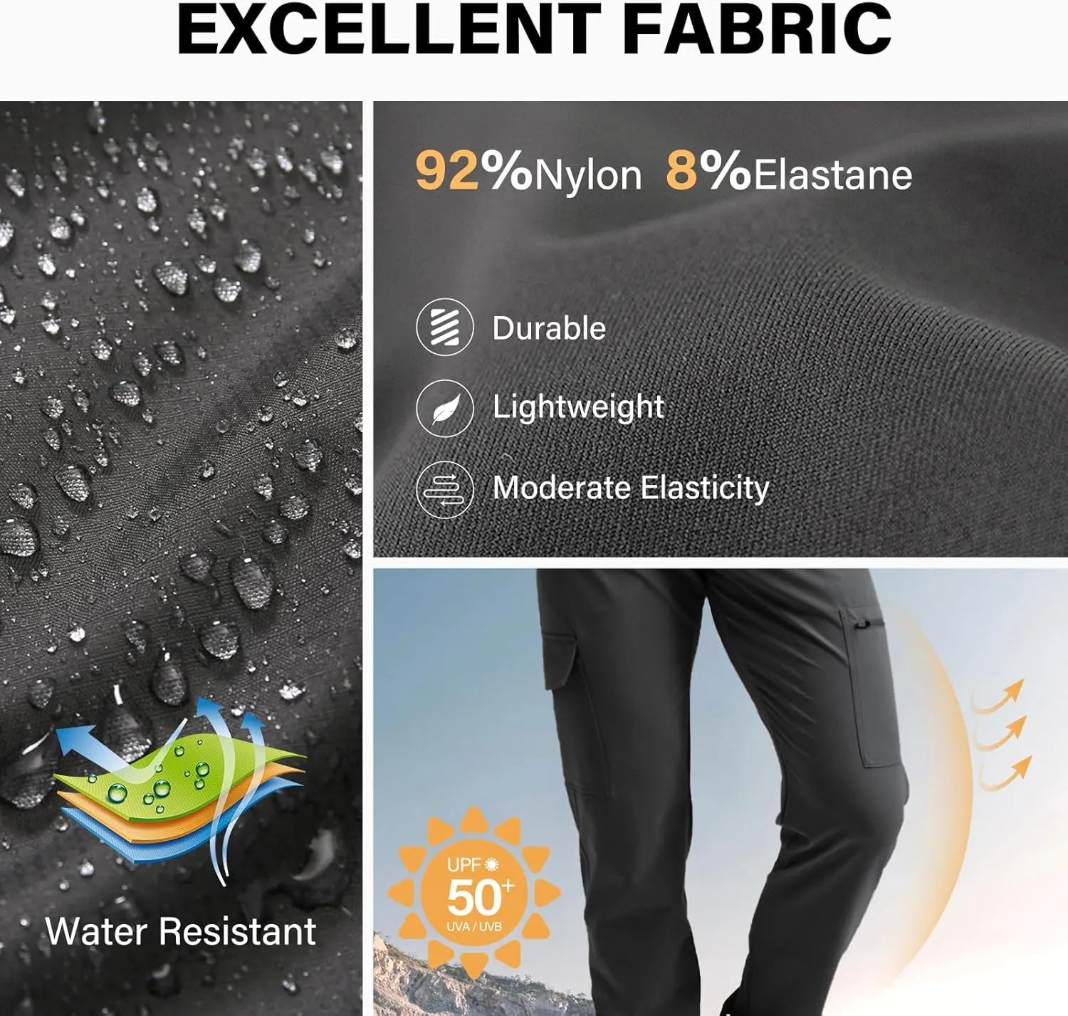 Mens Lightweight Hiking Pants Quick Dry Travel Cargo Pants UPF 50  Outdoor Stretch Trousers with 5 Utility Pockets