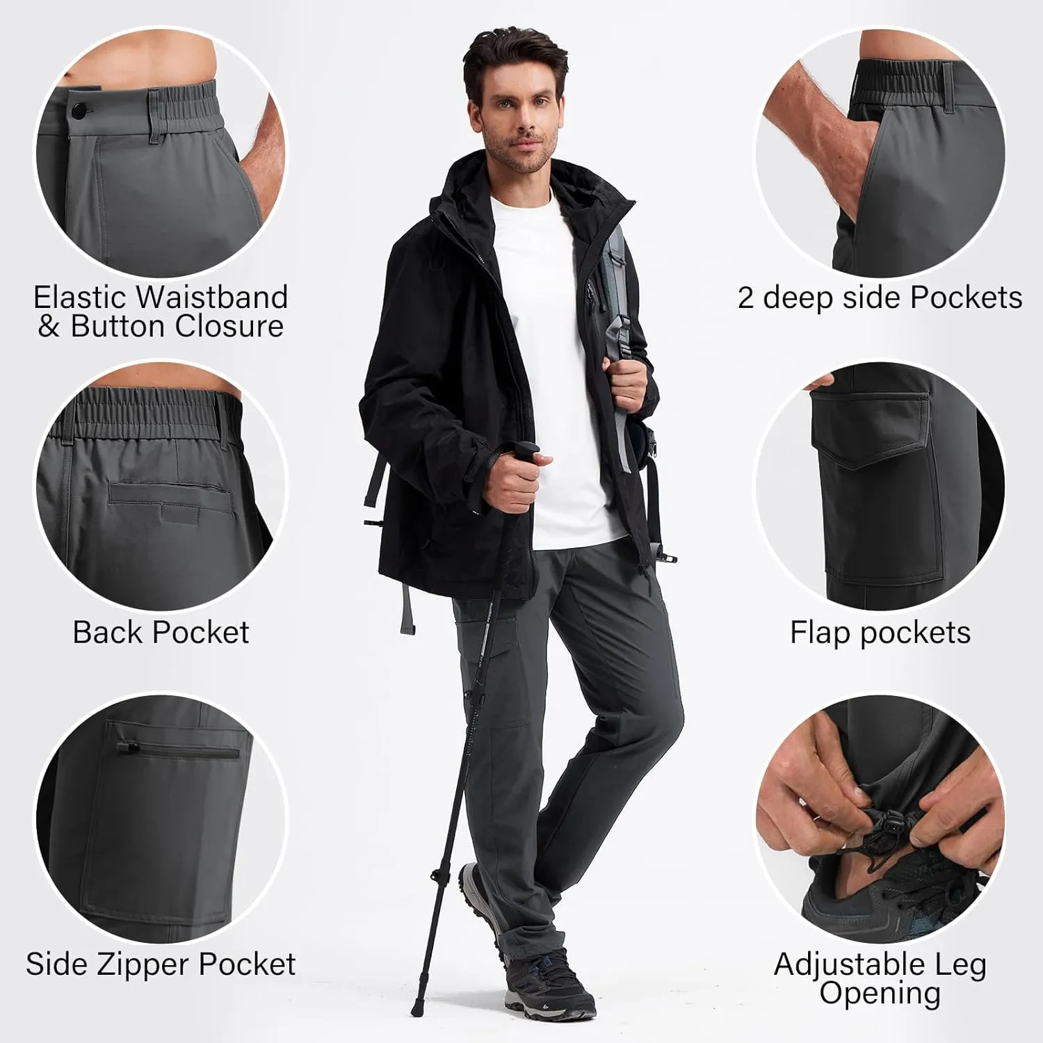 Mens Lightweight Hiking Pants Quick Dry Travel Cargo Pants UPF 50  Outdoor Stretch Trousers with 5 Utility Pockets