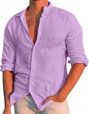 Men's Long Sleeve Cotton Linen Shirt Beach Buttons Down Solid Plain Roll Up Sleeve Summer Beach Shirts Work Shirt