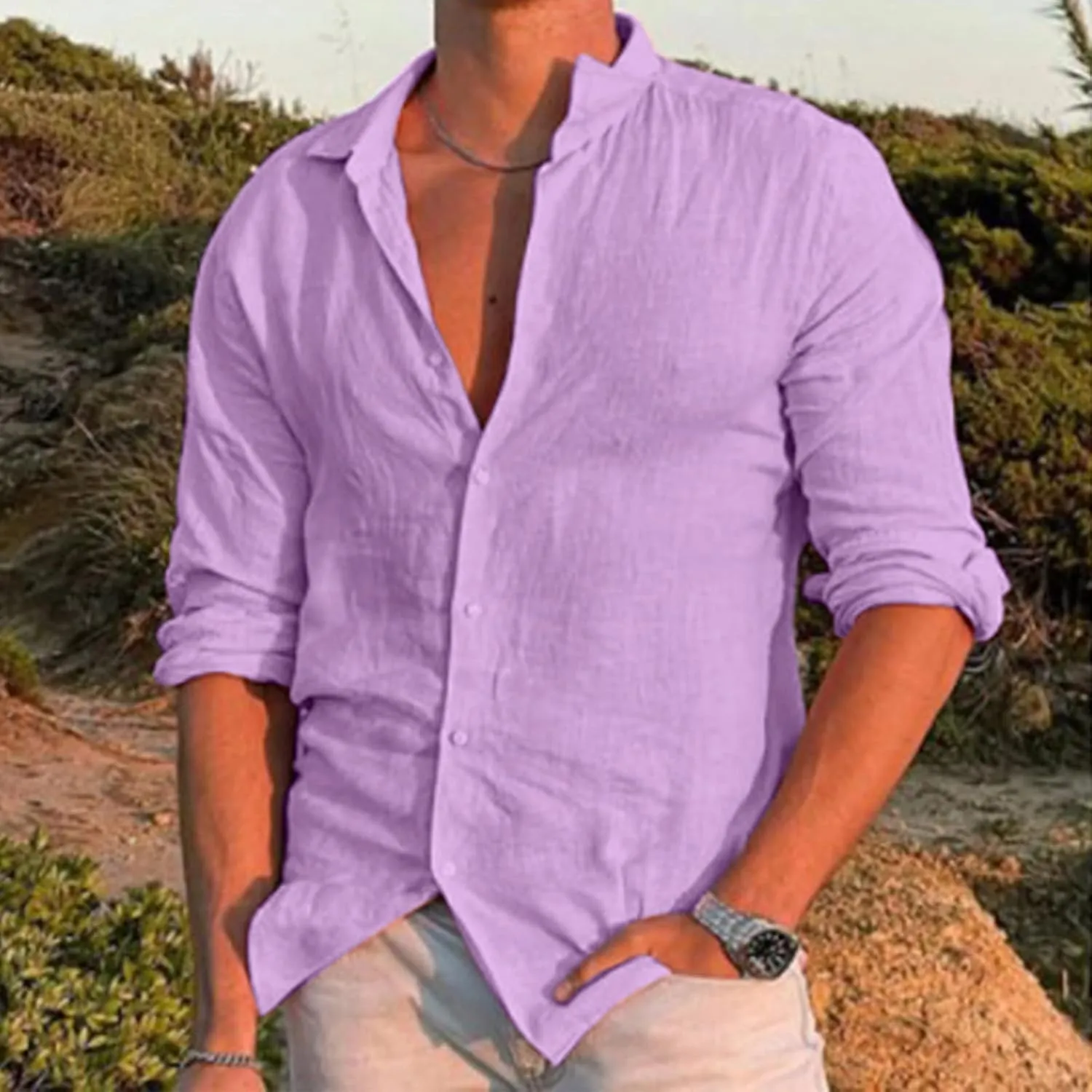 Men's Long Sleeve Cotton Linen Shirt Beach Buttons Down Solid Plain Roll Up Sleeve Summer Beach Shirts Work Shirt