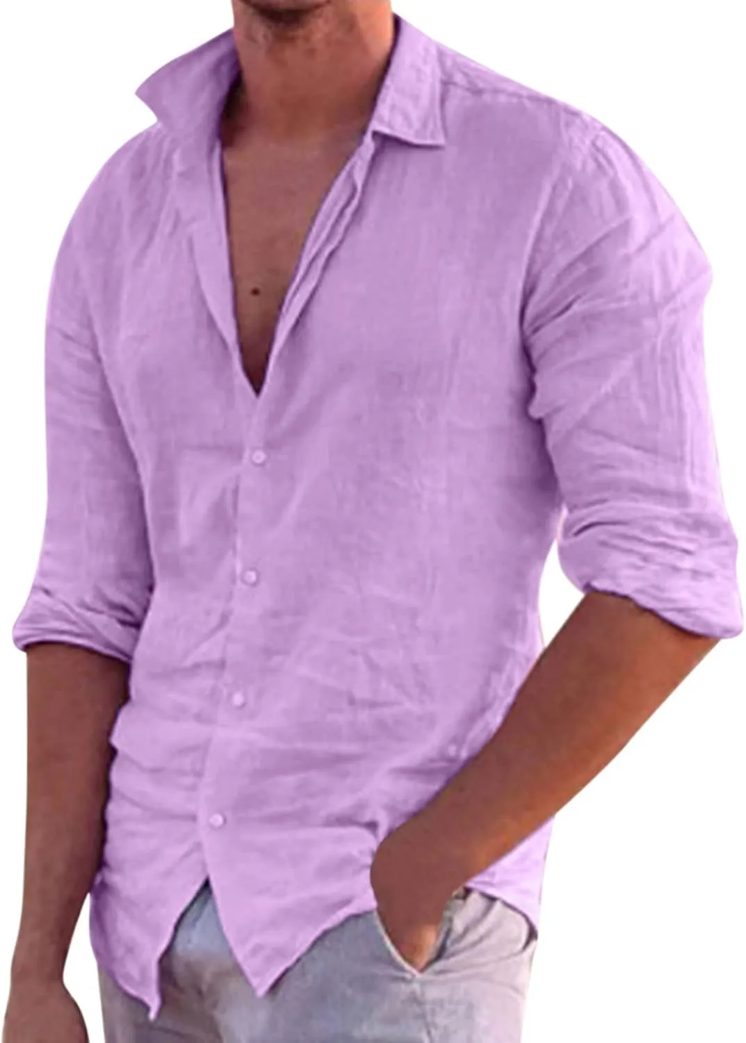 Men's Long Sleeve Cotton Linen Shirt Beach Buttons Down Solid Plain Roll Up Sleeve Summer Beach Shirts Work Shirt