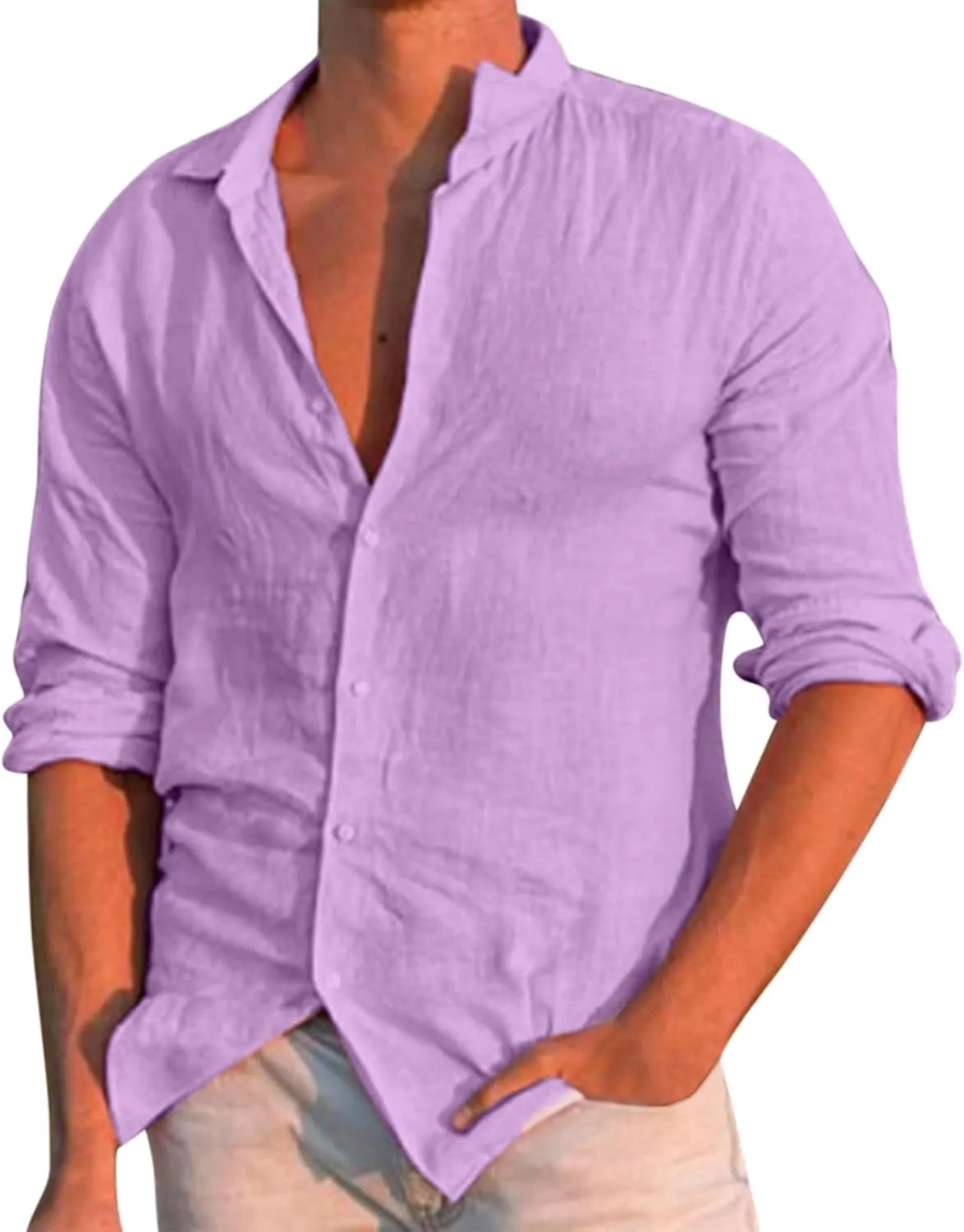 Men's Long Sleeve Cotton Linen Shirt Beach Buttons Down Solid Plain Roll Up Sleeve Summer Beach Shirts Work Shirt