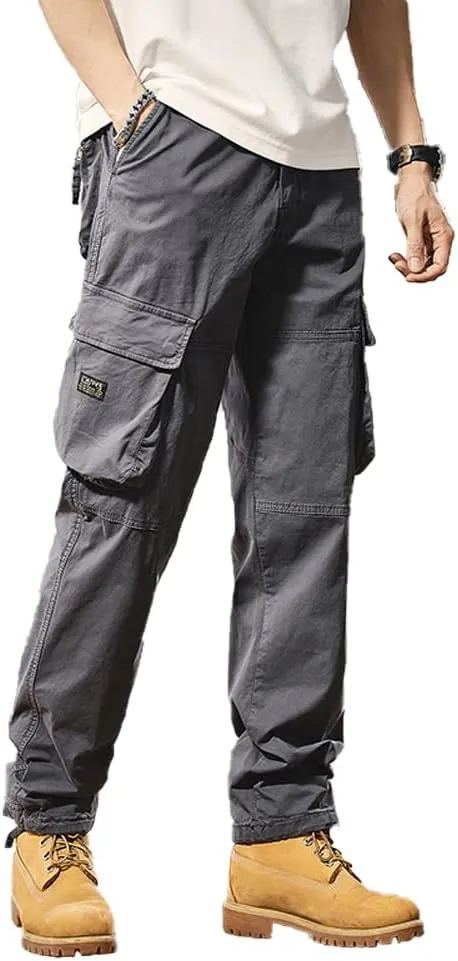 Men's Regular Fit Military Cargo Pants Outdoor Drawstring Cotton Multi Pockets Work Trousers