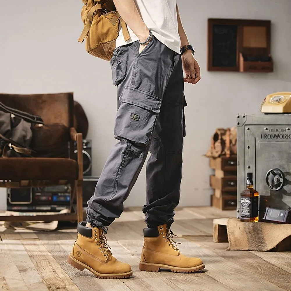 Men's Regular Fit Military Cargo Pants Outdoor Drawstring Cotton Multi Pockets Work Trousers