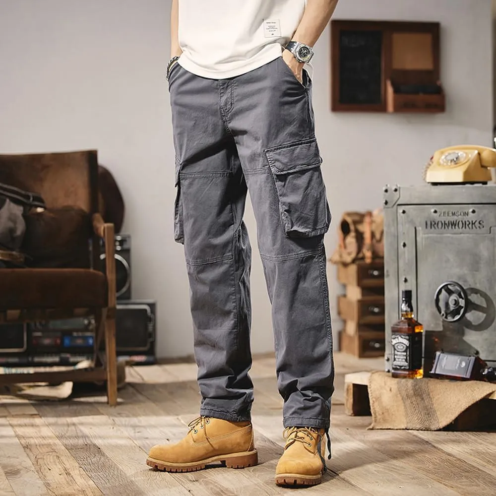 Men's Regular Fit Military Cargo Pants Outdoor Drawstring Cotton Multi Pockets Work Trousers