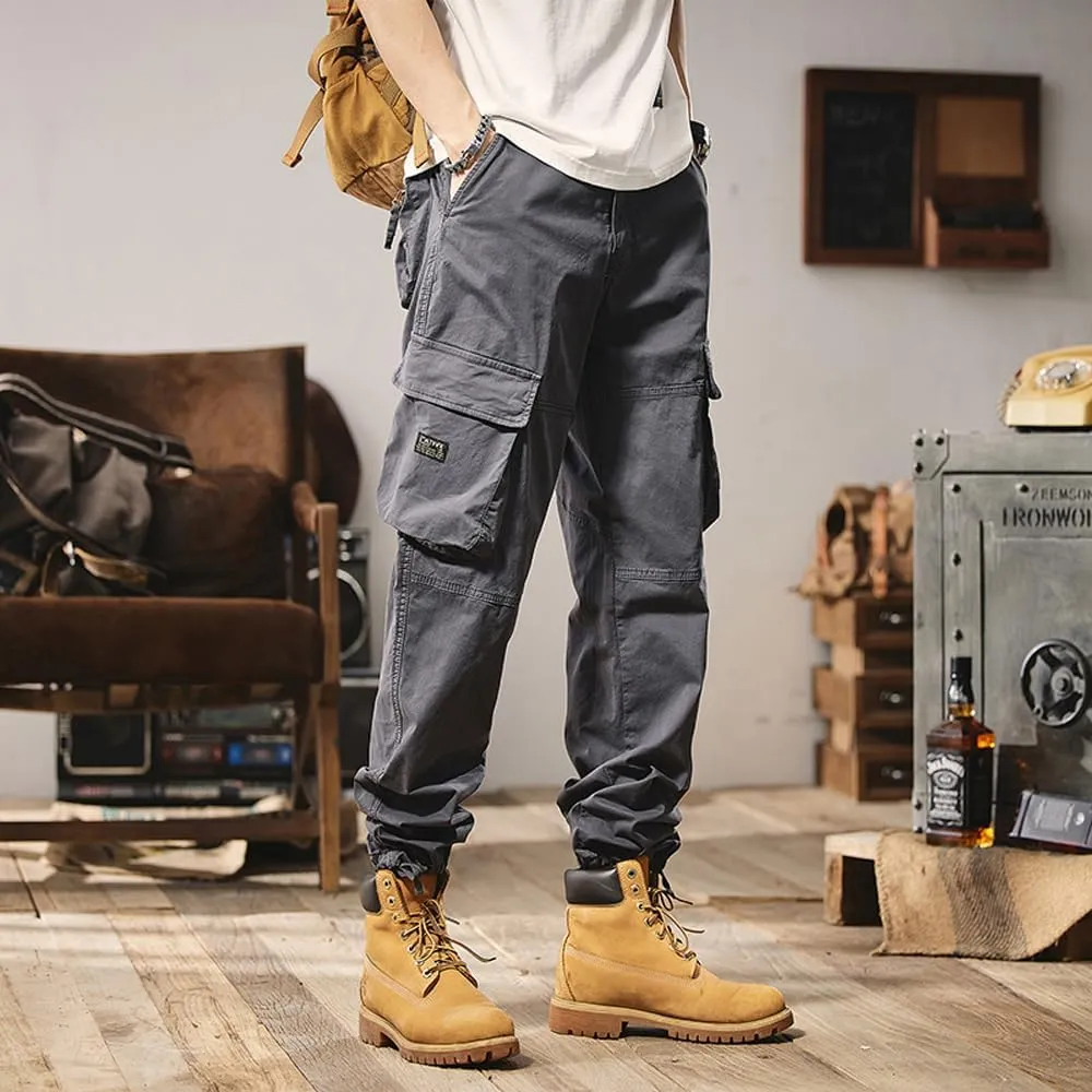 Men's Regular Fit Military Cargo Pants Outdoor Drawstring Cotton Multi Pockets Work Trousers