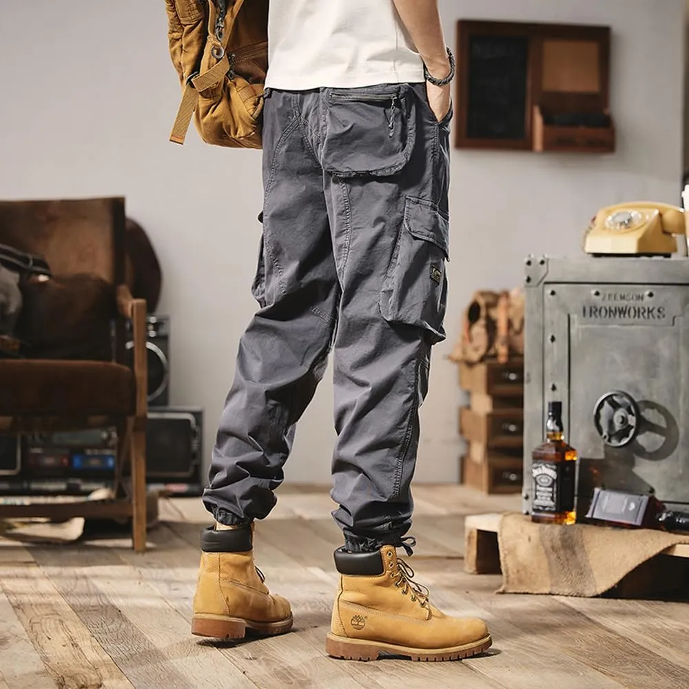 Men's Regular Fit Military Cargo Pants Outdoor Drawstring Cotton Multi Pockets Work Trousers