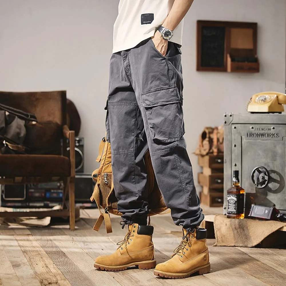 Men's Regular Fit Military Cargo Pants Outdoor Drawstring Cotton Multi Pockets Work Trousers