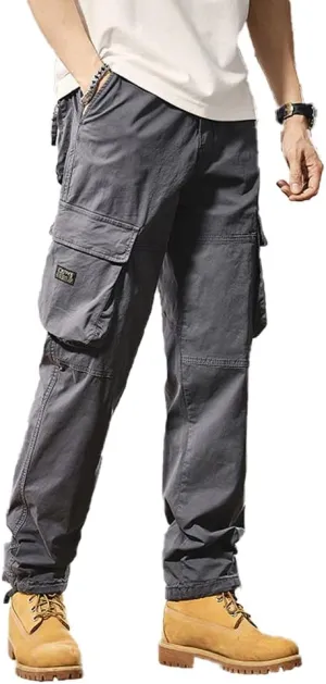 Men's Regular Fit Military Cargo Pants Outdoor Drawstring Cotton Multi Pockets Work Trousers