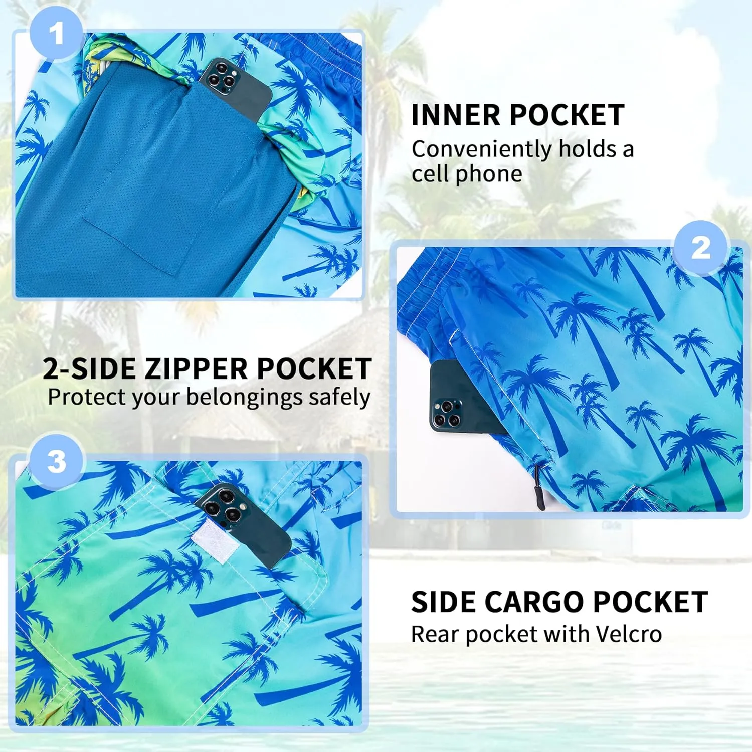 Mens Swim Trunks 9" Board Shorts with Compression Liner Swimsuit Built-in Bathing Suit Quick Dry Swimwear Zipper Pocket