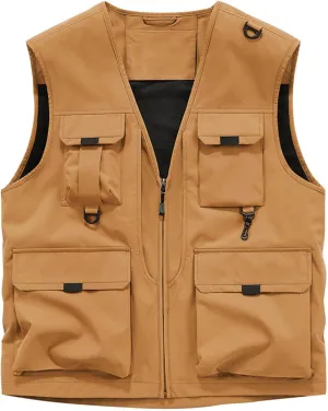 Mens Utility Casual Fishing Vests Multi Pockets Cargo Vest Travel Hunting Camping Outdoor Vest Tactical Outerwear