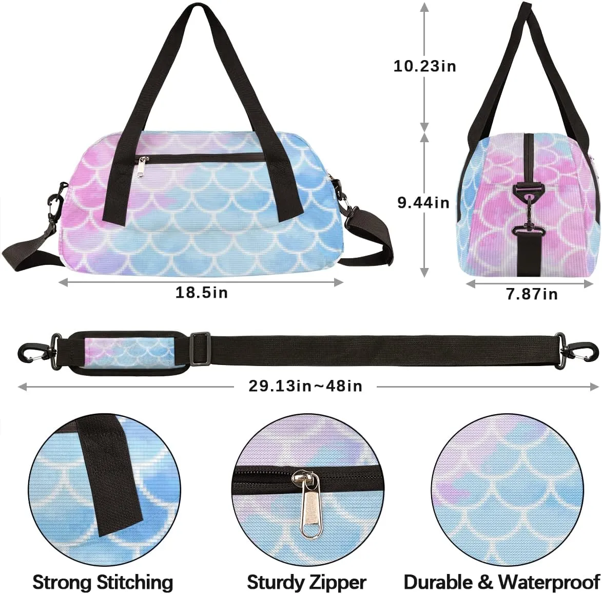 Mermaid Fish Scales Kids Duffel Bag for Girls Boys Teens, Mermaid Pixel Wind Dance Bag Overnight Small Duffel Bag Carry On Weekend Sports Gym Travel Bag for School Practice Gymnastics Ballet