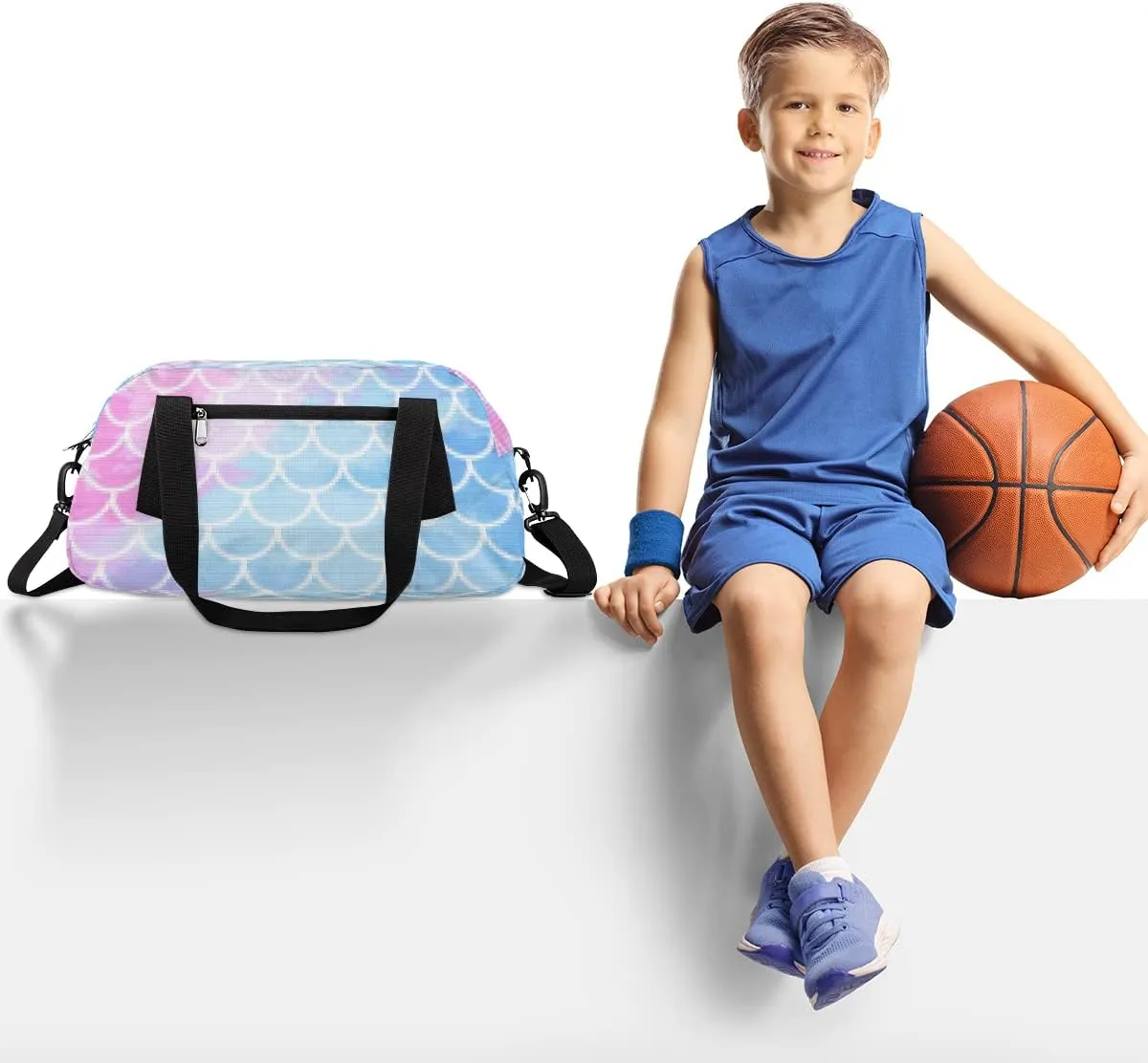 Mermaid Fish Scales Kids Duffel Bag for Girls Boys Teens, Mermaid Pixel Wind Dance Bag Overnight Small Duffel Bag Carry On Weekend Sports Gym Travel Bag for School Practice Gymnastics Ballet