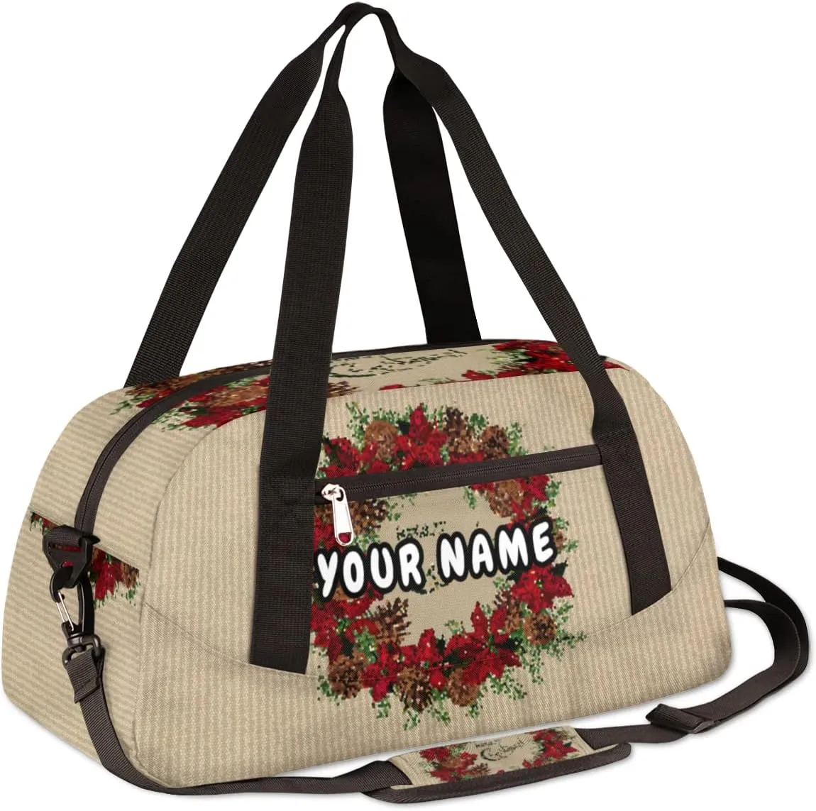 Merry Christmas Pine Cones Puansetia Personalized Kids Duffel Bag for Girls Boys, Christmas Debris Custom Name Dance Bag Overnight Small Duffel Bag Carry On Weekend Sports Travel Bag for School Practice Gymnastics Ballet