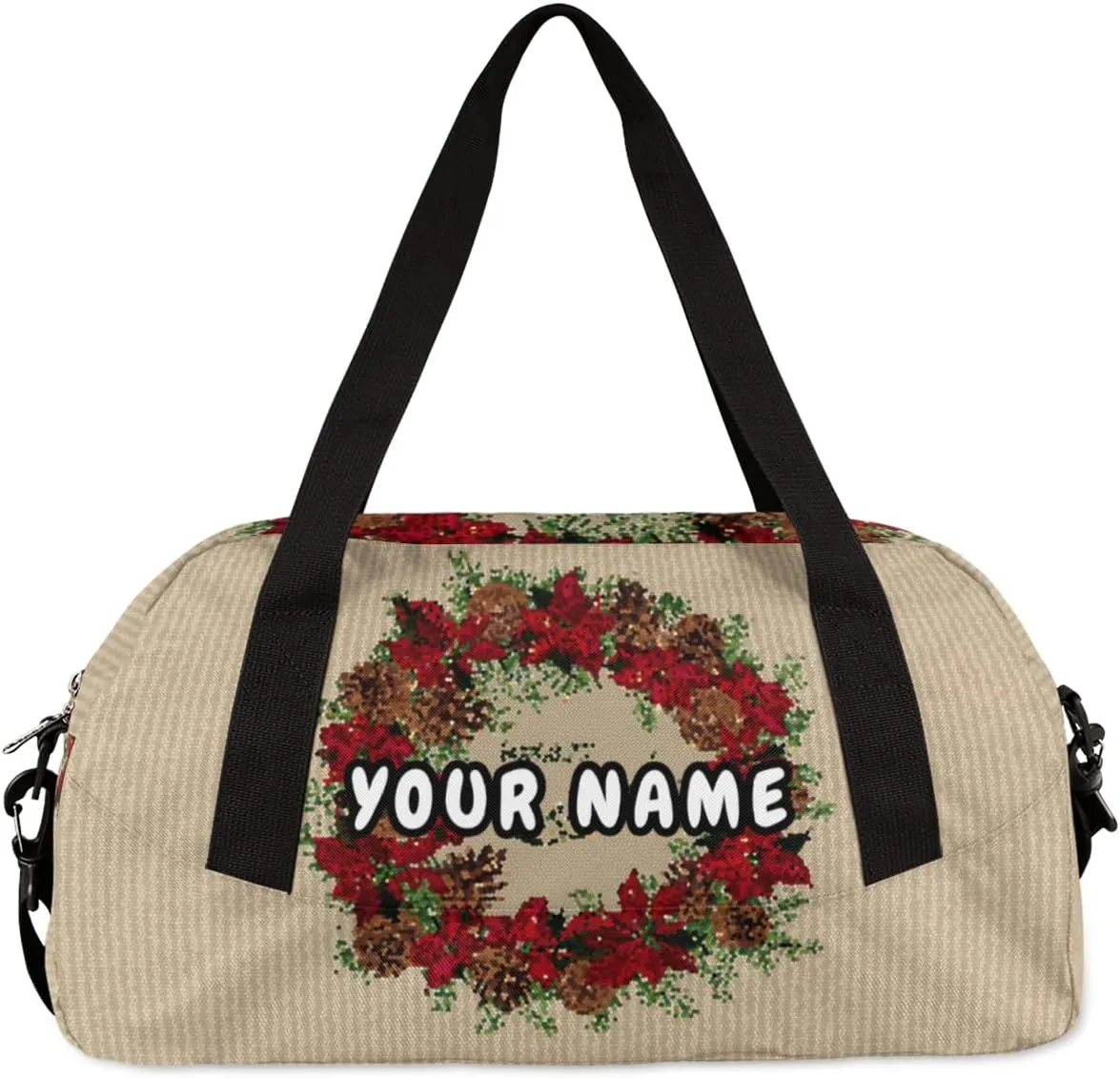 Merry Christmas Pine Cones Puansetia Personalized Kids Duffel Bag for Girls Boys, Christmas Debris Custom Name Dance Bag Overnight Small Duffel Bag Carry On Weekend Sports Travel Bag for School Practice Gymnastics Ballet