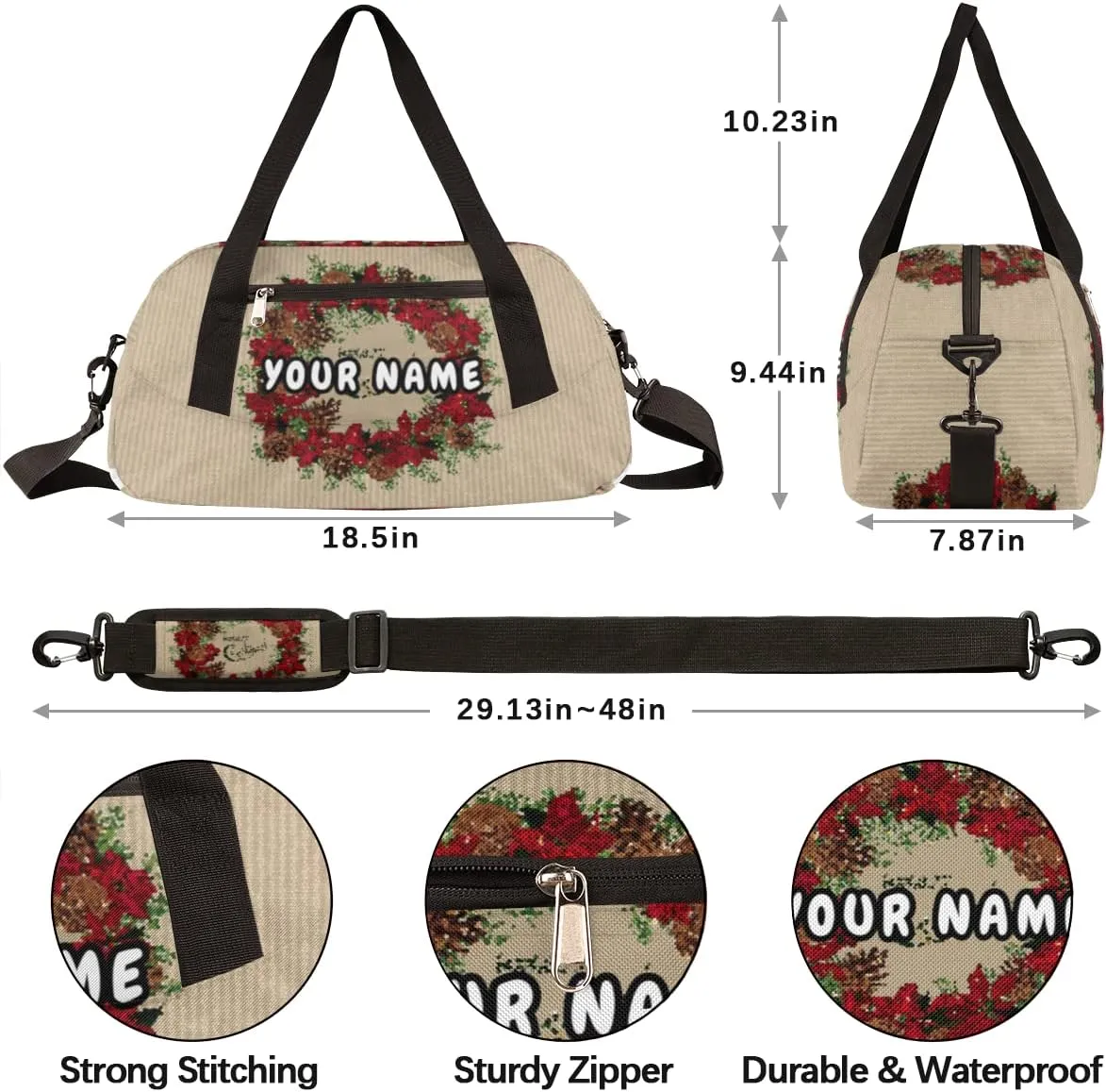 Merry Christmas Pine Cones Puansetia Personalized Kids Duffel Bag for Girls Boys, Christmas Debris Custom Name Dance Bag Overnight Small Duffel Bag Carry On Weekend Sports Travel Bag for School Practice Gymnastics Ballet