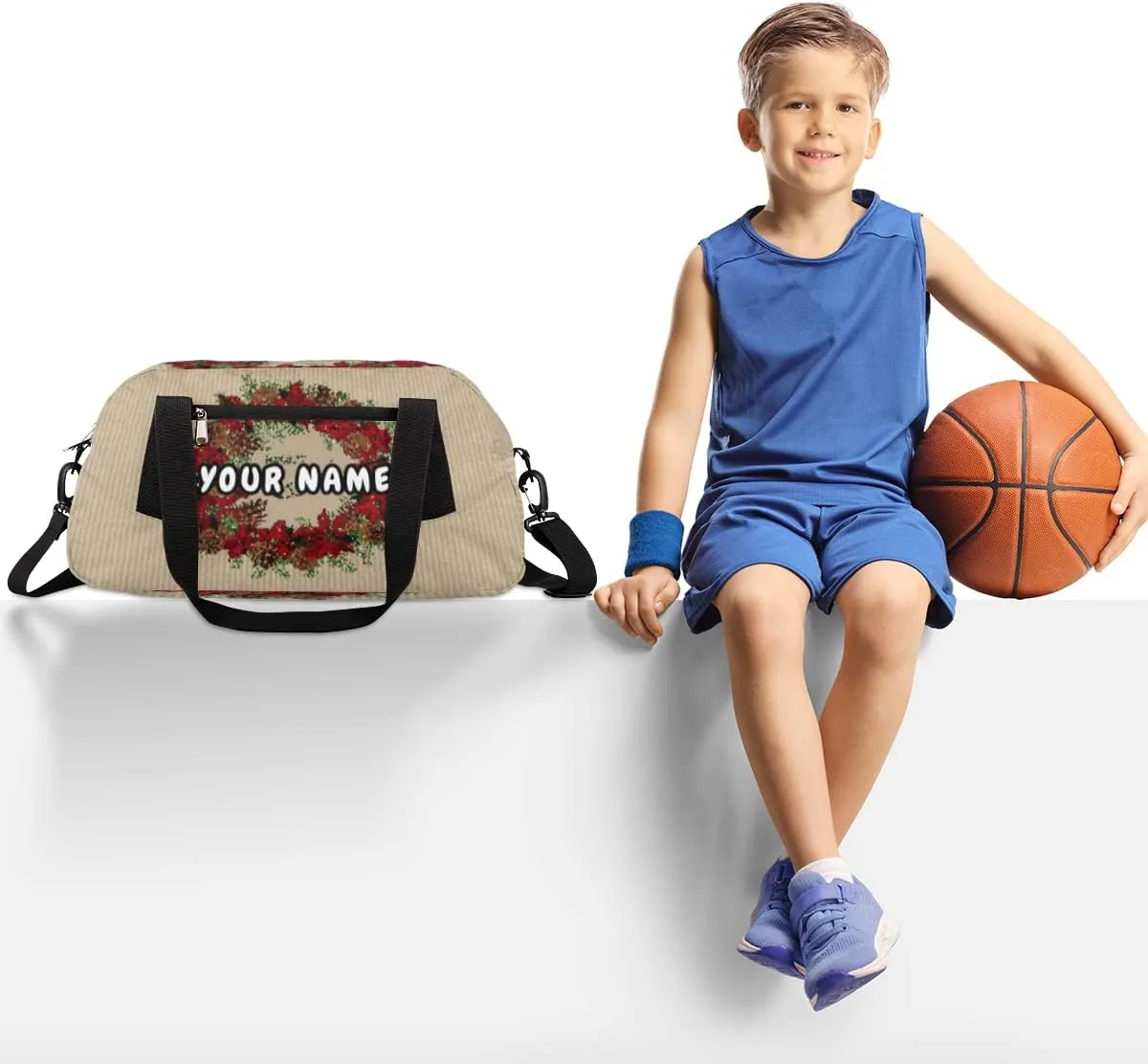 Merry Christmas Pine Cones Puansetia Personalized Kids Duffel Bag for Girls Boys, Christmas Debris Custom Name Dance Bag Overnight Small Duffel Bag Carry On Weekend Sports Travel Bag for School Practice Gymnastics Ballet