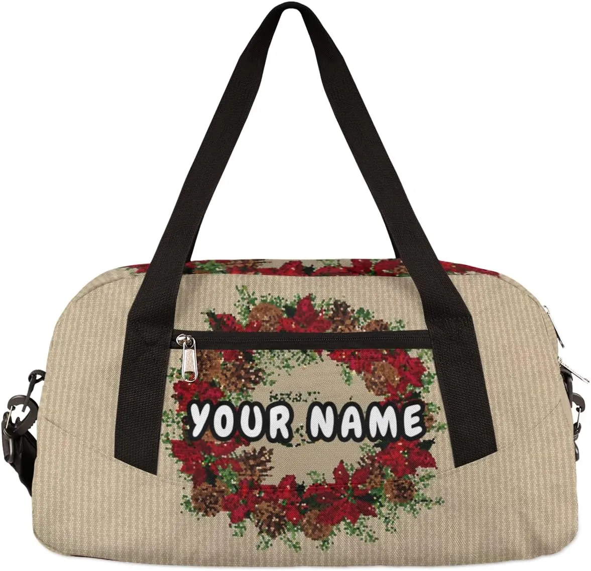 Merry Christmas Pine Cones Puansetia Personalized Kids Duffel Bag for Girls Boys, Christmas Debris Custom Name Dance Bag Overnight Small Duffel Bag Carry On Weekend Sports Travel Bag for School Practice Gymnastics Ballet