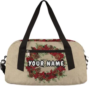 Merry Christmas Pine Cones Puansetia Personalized Kids Duffel Bag for Girls Boys, Christmas Debris Custom Name Dance Bag Overnight Small Duffel Bag Carry On Weekend Sports Travel Bag for School Practice Gymnastics Ballet