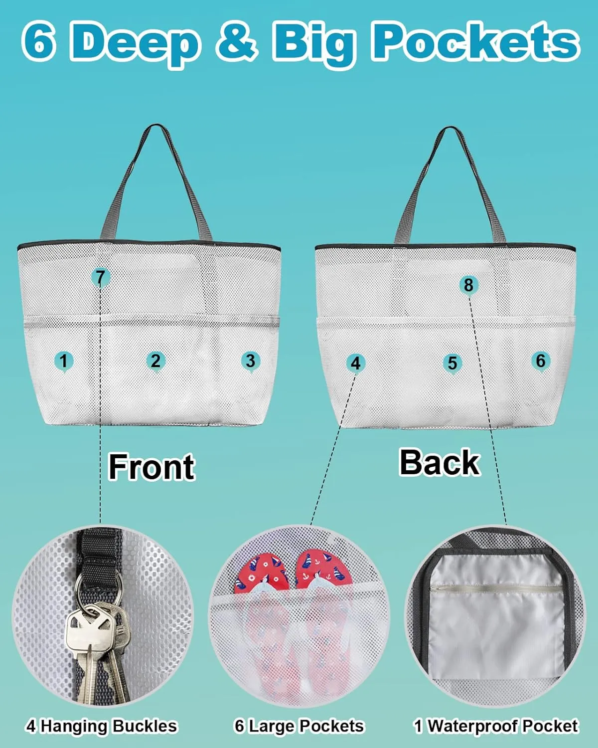 Mesh Beach Bag Oversized Tote Bags for Women Black Gray Gradient Classic Wave Large Travel Pool Bags Grocery Toy Tote Bags with 8 Pockets