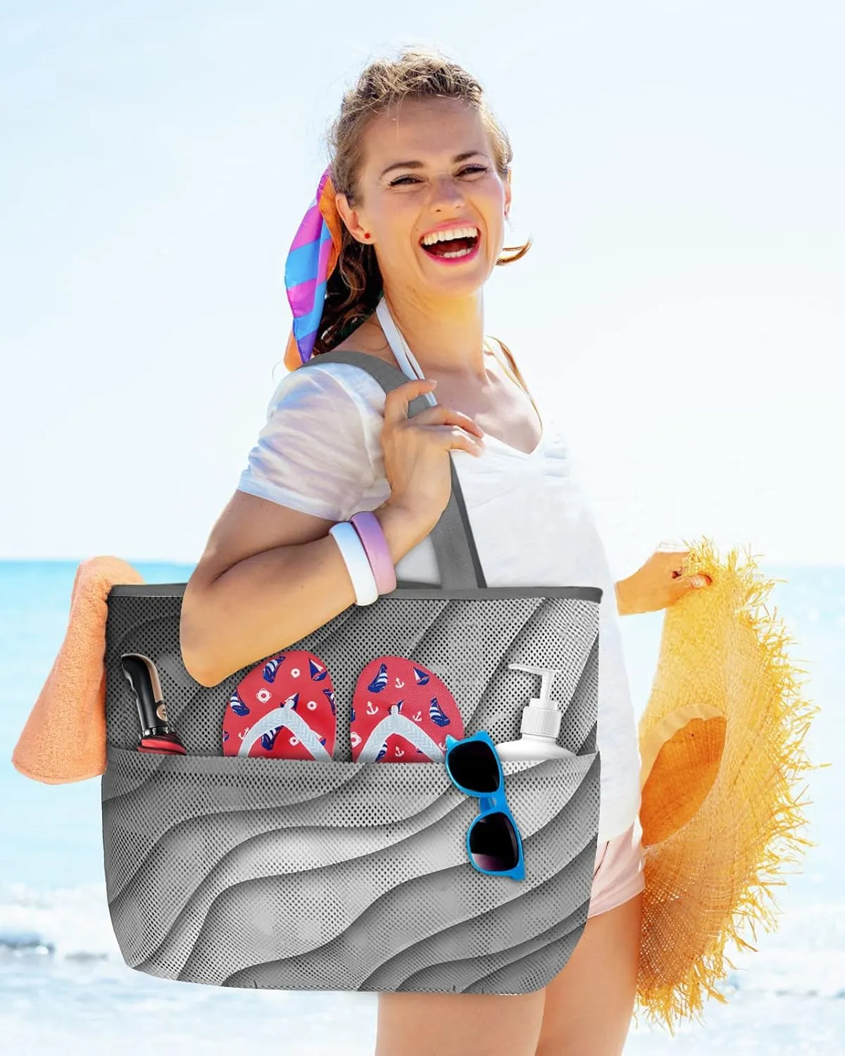 Mesh Beach Bag Oversized Tote Bags for Women Black Gray Gradient Classic Wave Large Travel Pool Bags Grocery Toy Tote Bags with 8 Pockets