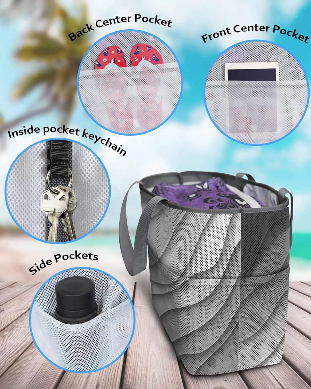 Mesh Beach Bag Oversized Tote Bags for Women Black Gray Gradient Classic Wave Large Travel Pool Bags Grocery Toy Tote Bags with 8 Pockets