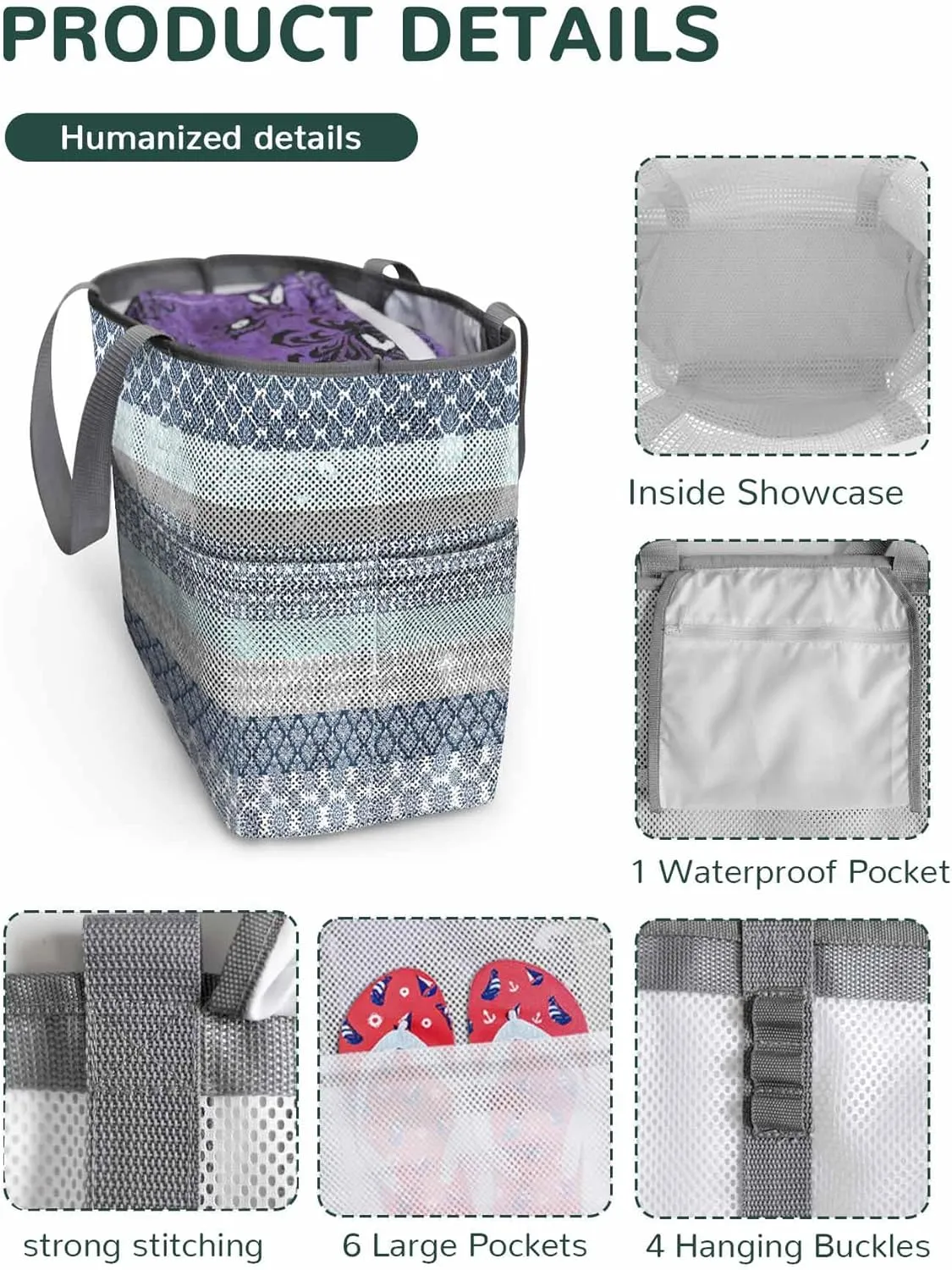 Mesh Beach Bag Oversized Tote Bags for Women Boho Blue Gradient Stripe Large Travel Pool Bags with 8 Pockets