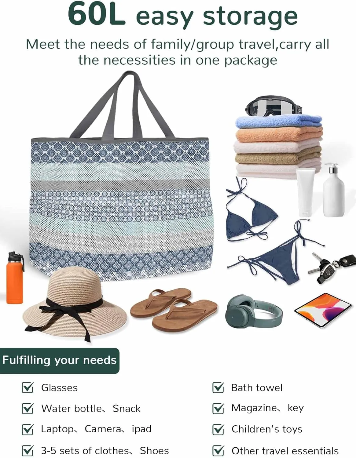 Mesh Beach Bag Oversized Tote Bags for Women Boho Blue Gradient Stripe Large Travel Pool Bags with 8 Pockets