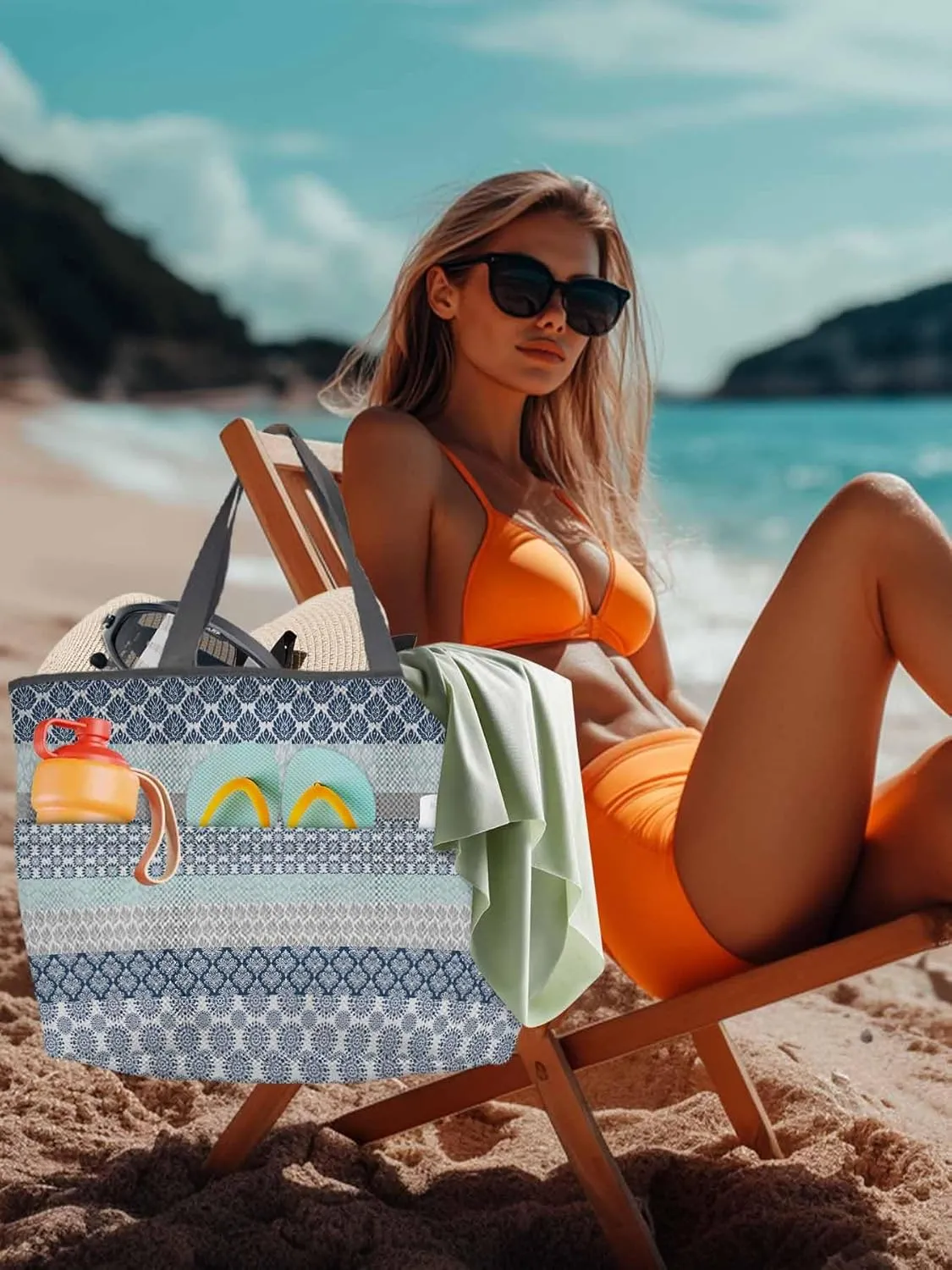 Mesh Beach Bag Oversized Tote Bags for Women Boho Blue Gradient Stripe Large Travel Pool Bags with 8 Pockets