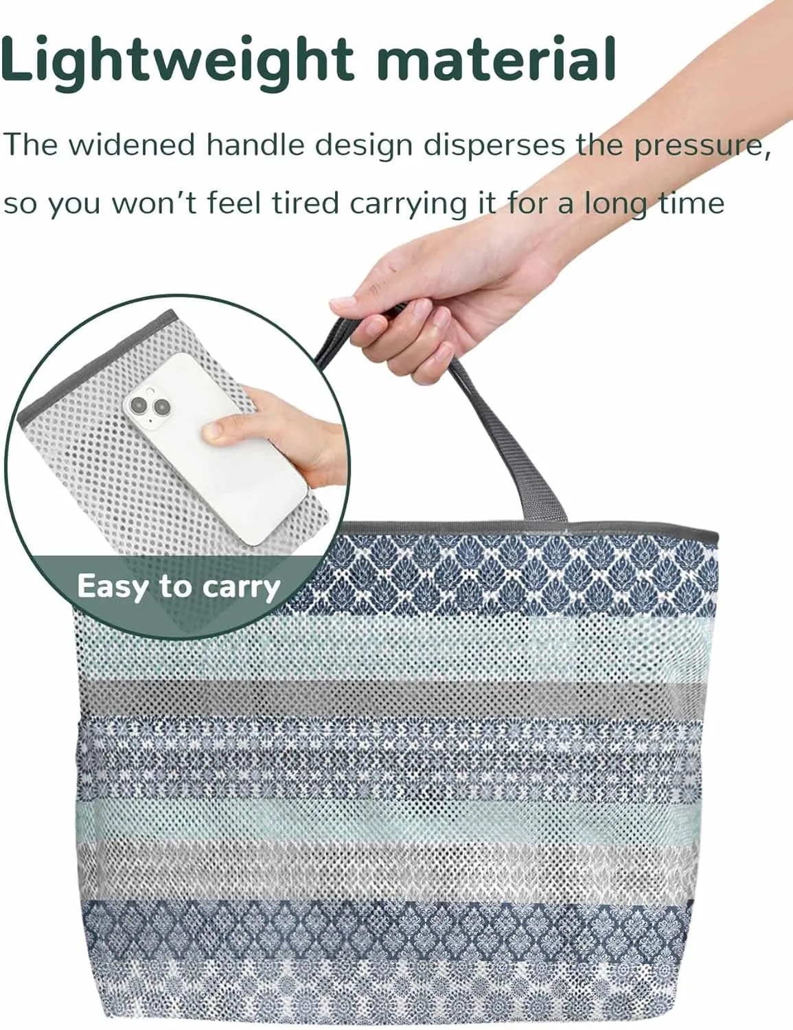 Mesh Beach Bag Oversized Tote Bags for Women Boho Blue Gradient Stripe Large Travel Pool Bags with 8 Pockets