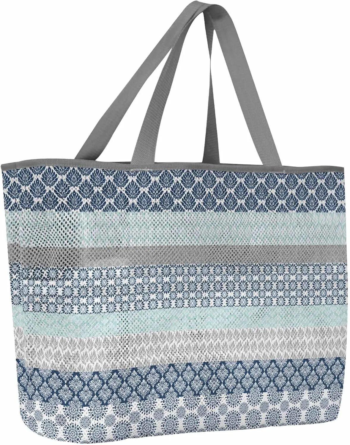 Mesh Beach Bag Oversized Tote Bags for Women Boho Blue Gradient Stripe Large Travel Pool Bags with 8 Pockets