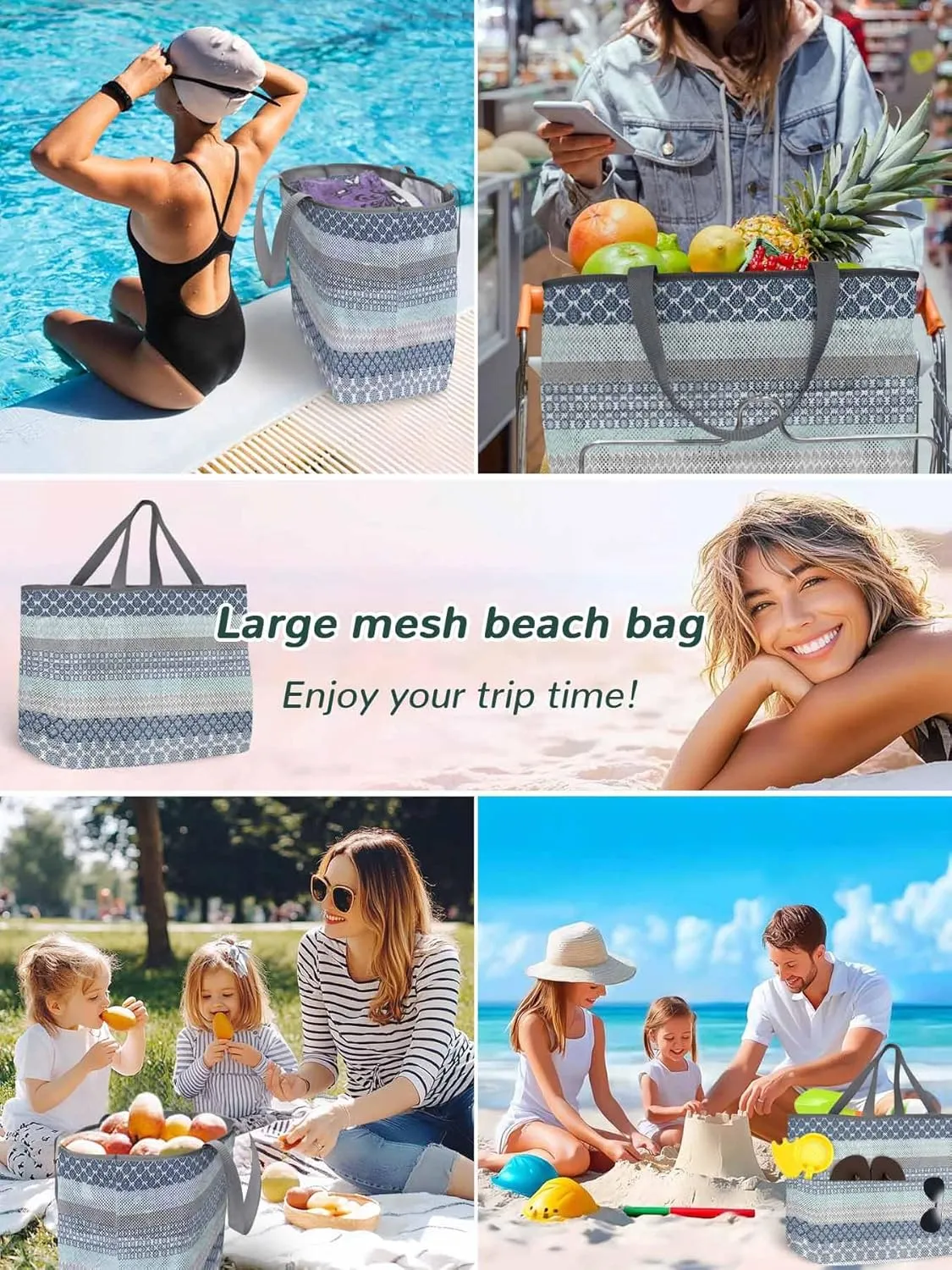 Mesh Beach Bag Oversized Tote Bags for Women Boho Blue Gradient Stripe Large Travel Pool Bags with 8 Pockets