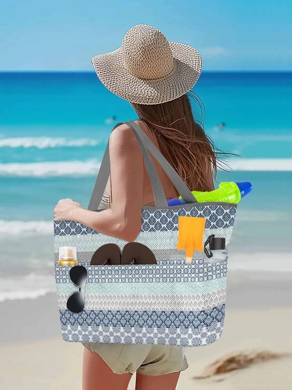 Mesh Beach Bag Oversized Tote Bags for Women Boho Blue Gradient Stripe Large Travel Pool Bags with 8 Pockets