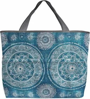 Mesh Beach Bag Oversized Tote Bags for Women Vintage Abstract Boho Ethnic Flower Pattern Large Bags for Travel Pool Grocery