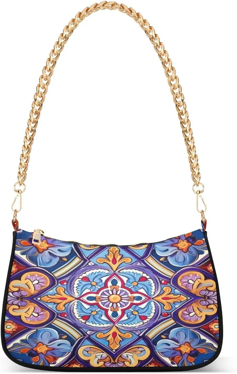 Mexican Ceramic Tile Shoulder Bag for Women, Handbag with Chain Strap, Soft Purse Tote Bag for Ladies