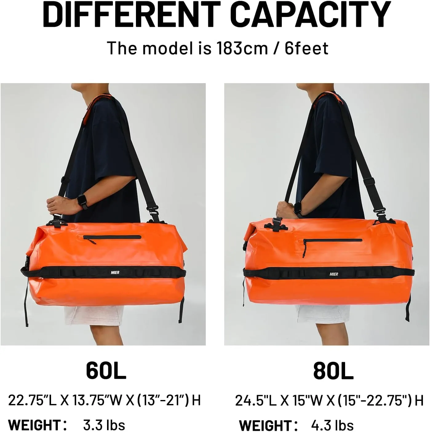 MIER Large Waterproof Duffel Bag Rolltop Dry Backpack Duffle Bags for Kayaking, Rafting, Boating, Swimming, Camping, Travel, Gym, Beach, 60L/80L