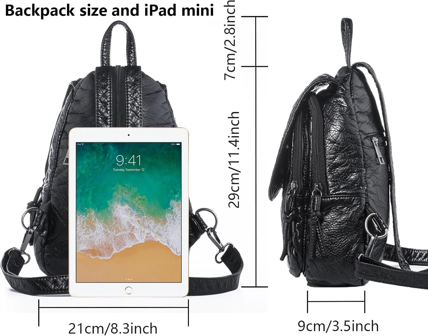 Mini Backpack for Women, Soft Washed PU Leather Small Backpack Purse for Women, Waterproof Fashion Shoulder Bag, Ladies Travel Black Rucksack Handbags Bags with Beautiful Flower Pattern