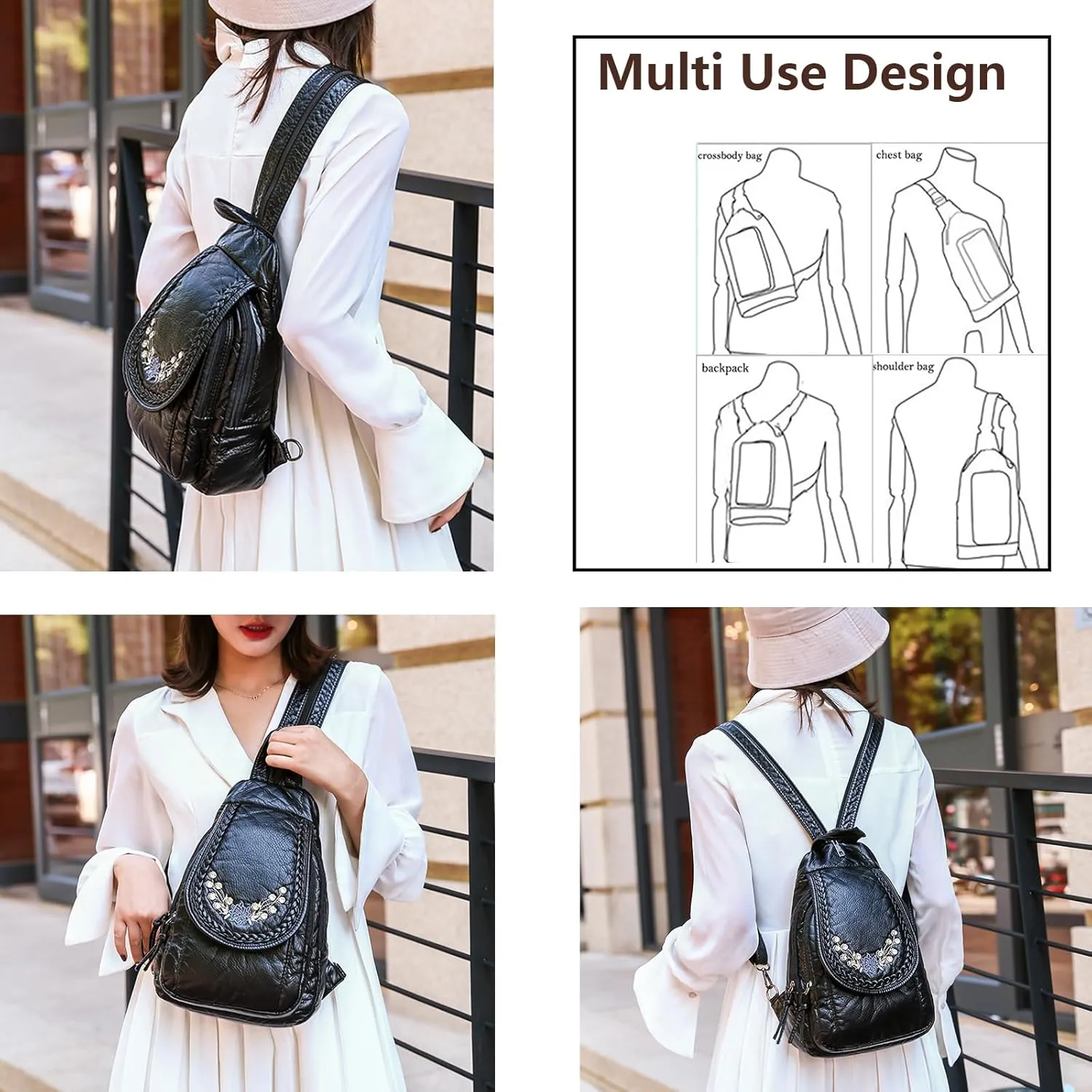 Mini Backpack for Women, Soft Washed PU Leather Small Backpack Purse for Women, Waterproof Fashion Shoulder Bag, Ladies Travel Black Rucksack Handbags Bags with Beautiful Flower Pattern