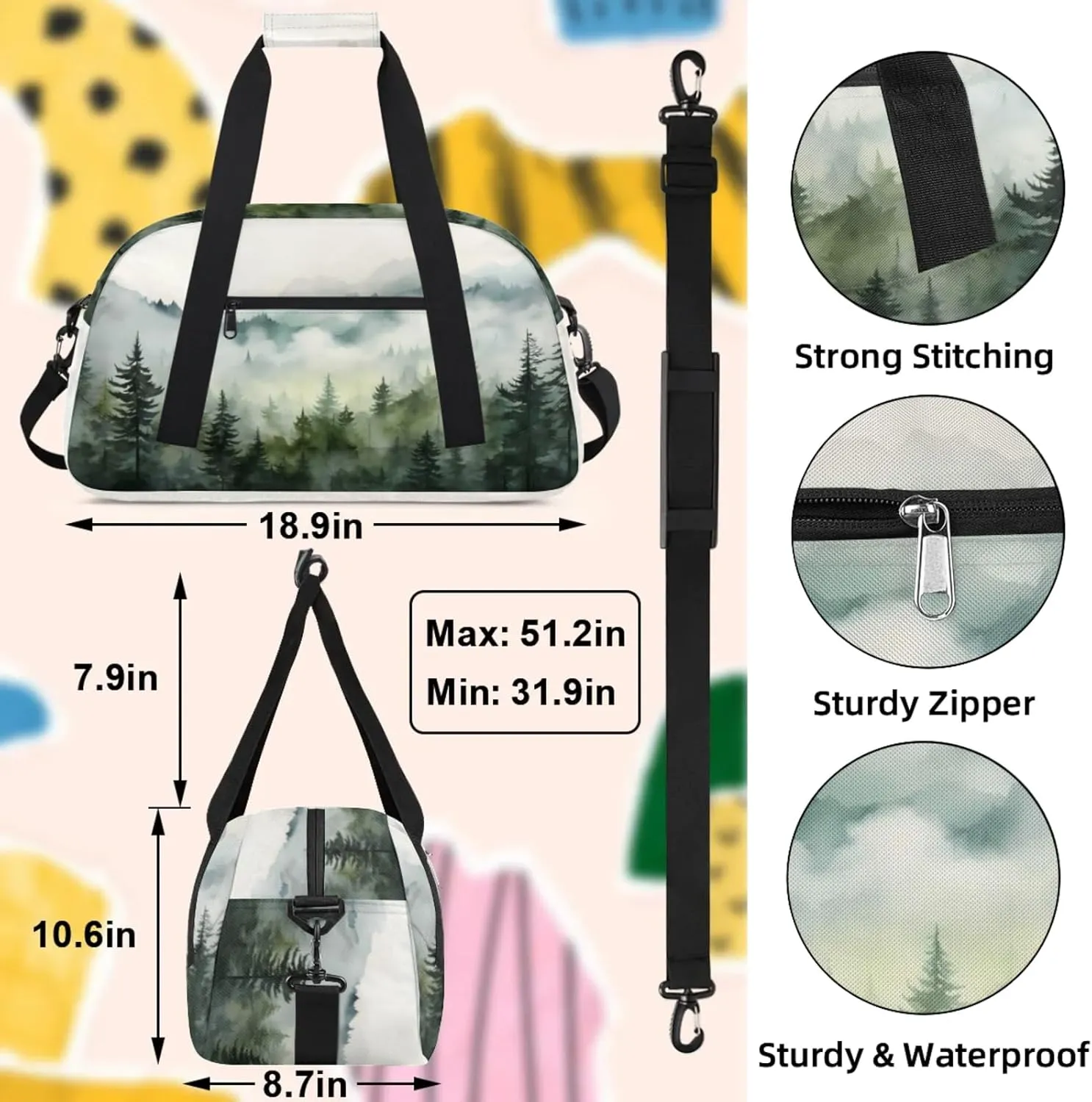 Misty Forest Pine Tree Small Gym Bag 18 inch Carry On Duffel Bag for Weekender Travel Sports Workout Yoga Gymnastics Dance Ballet