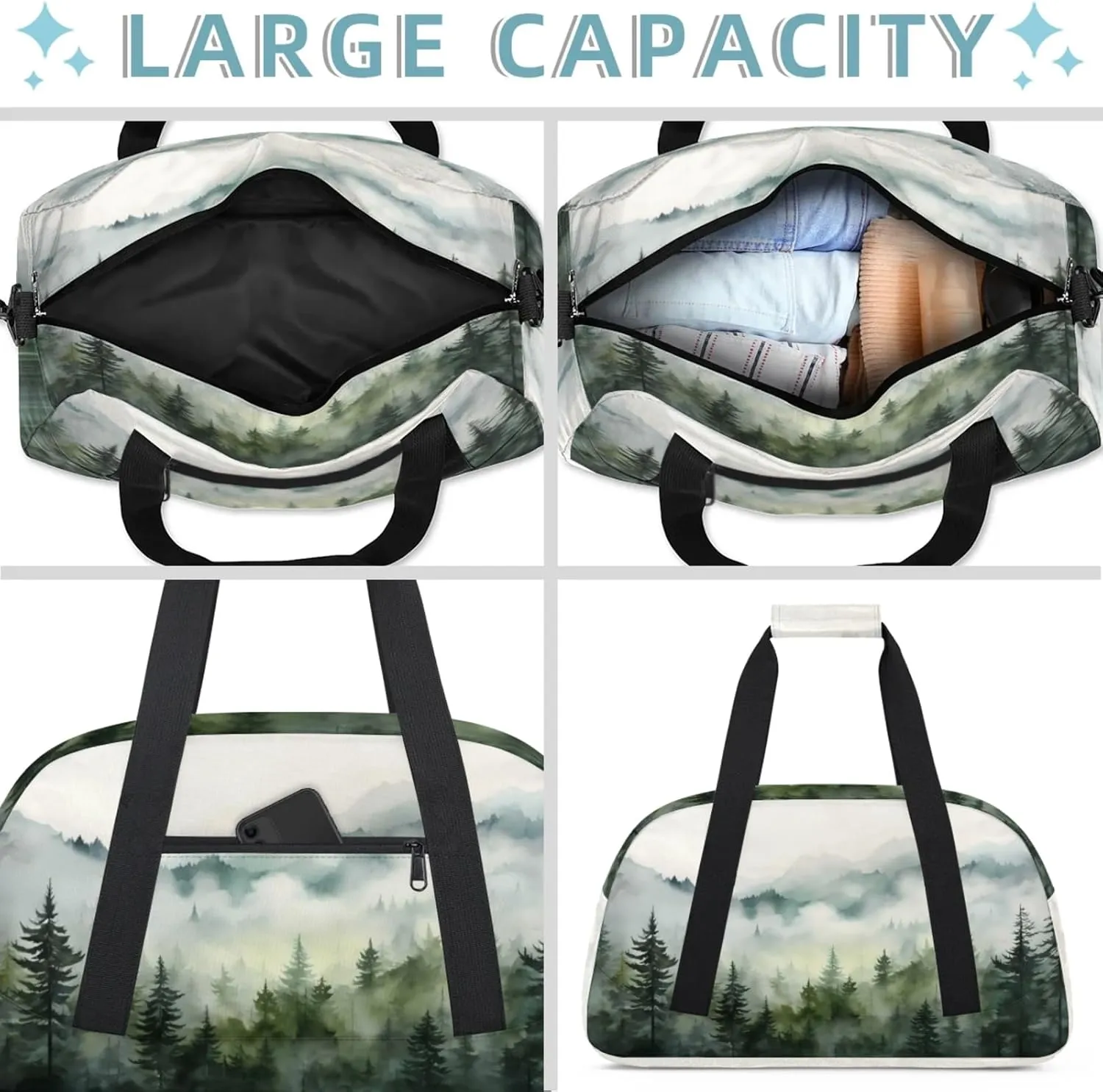Misty Forest Pine Tree Small Gym Bag 18 inch Carry On Duffel Bag for Weekender Travel Sports Workout Yoga Gymnastics Dance Ballet