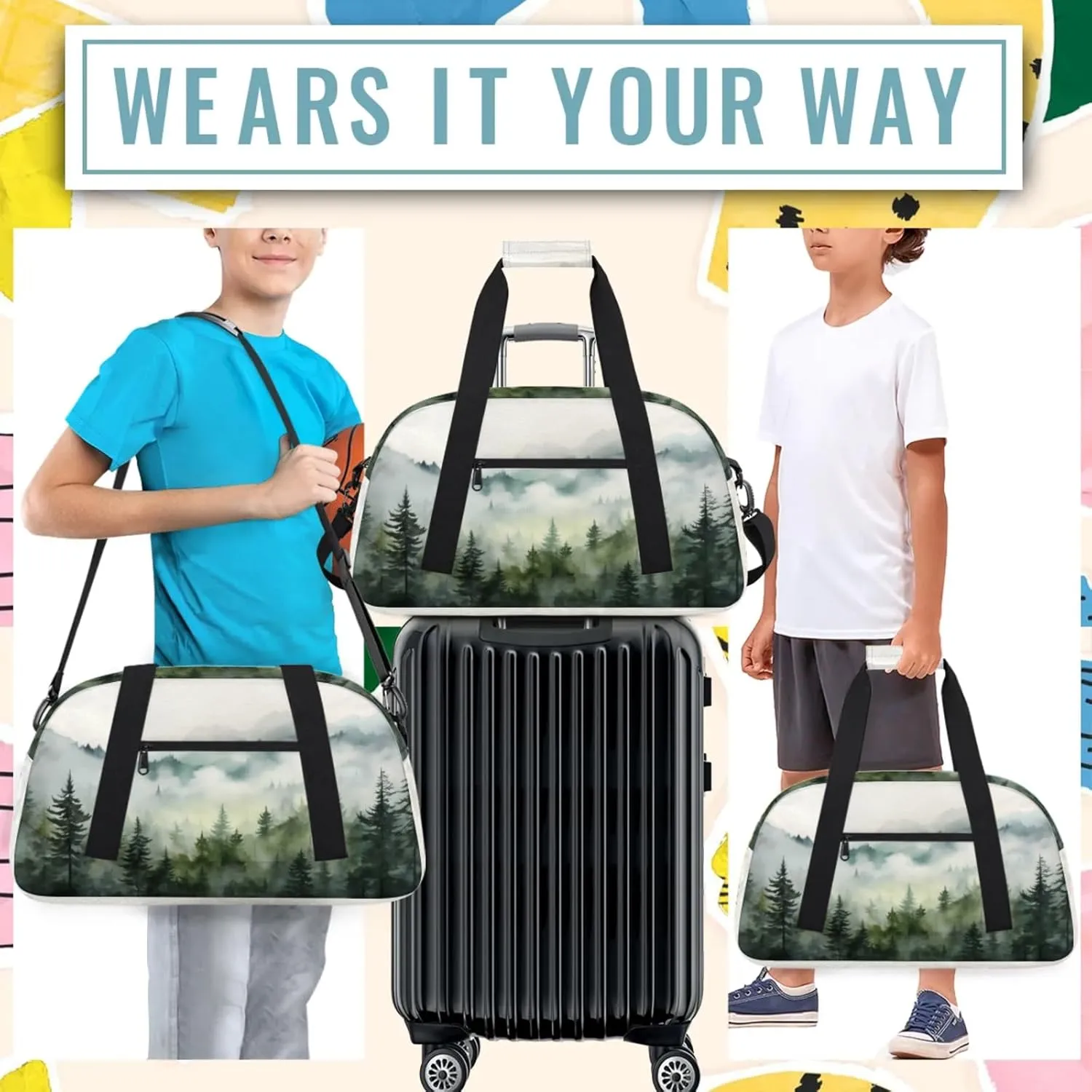 Misty Forest Pine Tree Small Gym Bag 18 inch Carry On Duffel Bag for Weekender Travel Sports Workout Yoga Gymnastics Dance Ballet