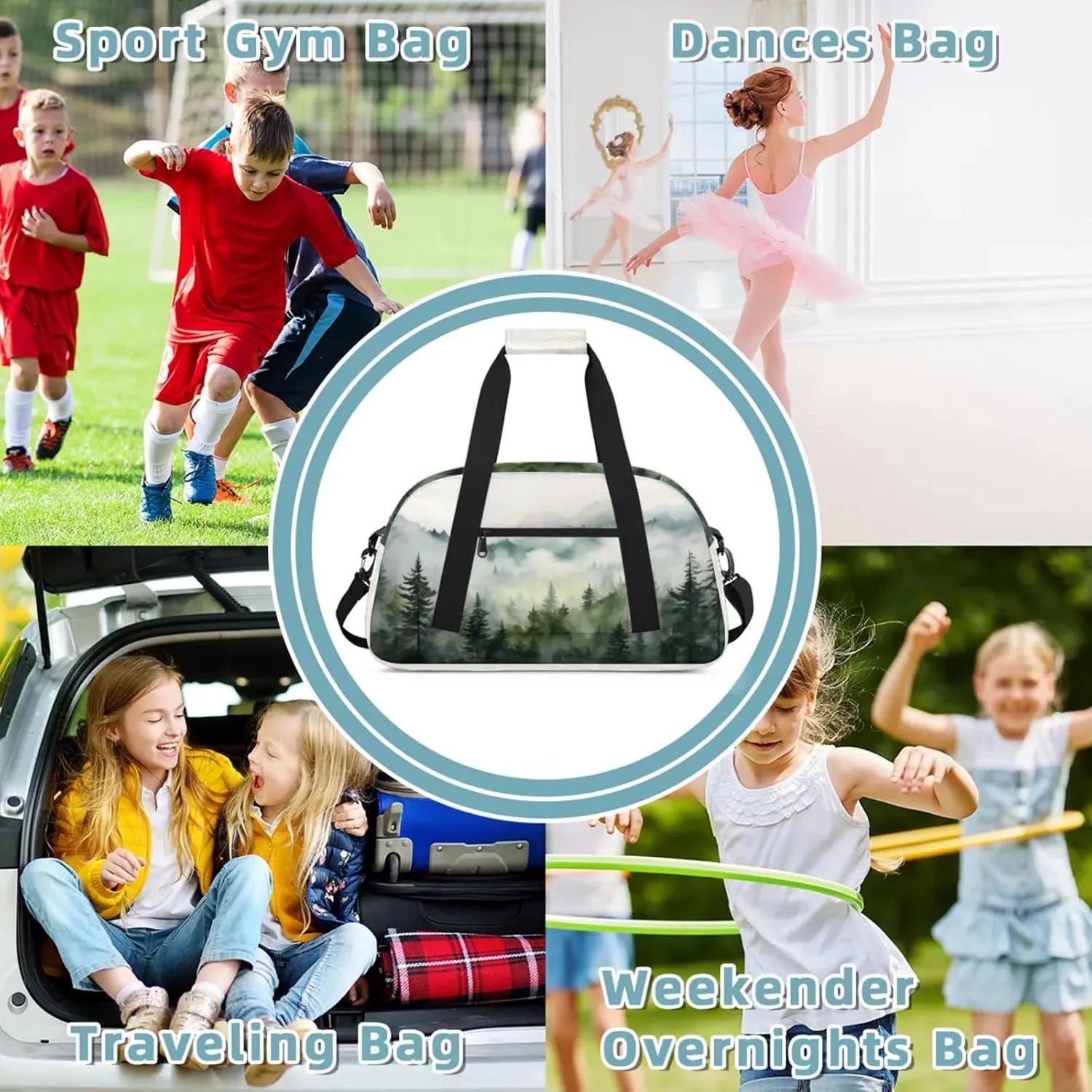 Misty Forest Pine Tree Small Gym Bag 18 inch Carry On Duffel Bag for Weekender Travel Sports Workout Yoga Gymnastics Dance Ballet