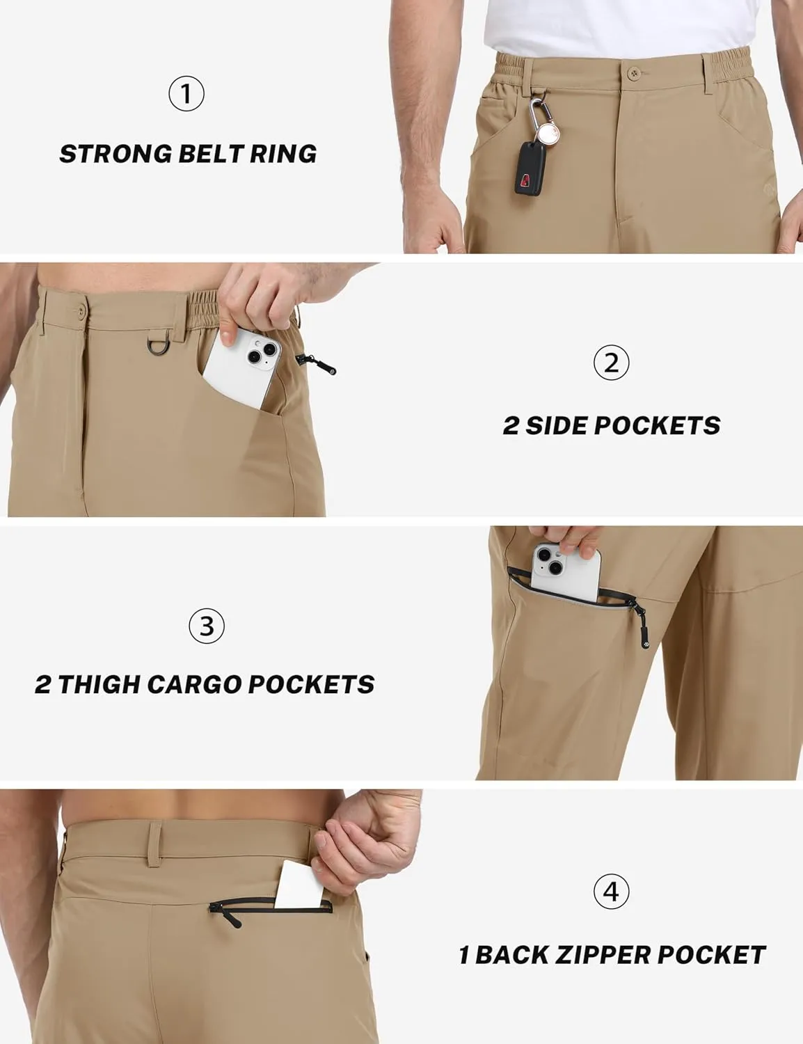 MoFiz Men's Elastic Waist Hiking Pants Lightweight Outdoor Water Resistant Sweatpants with Zipper Pockets