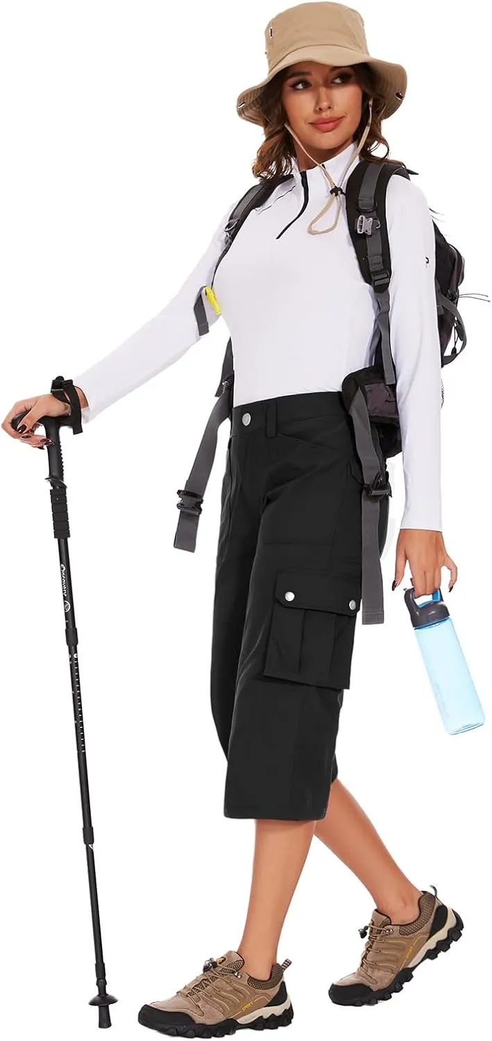 Moosehill Women's-Cargo-Capris-Pants High Waist Waterproof Hiking Casual Travel Summer Pants for Women with 6 Pockets