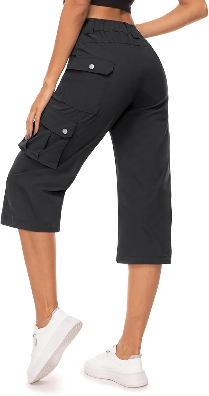 Moosehill Women's-Cargo-Capris-Pants High Waist Waterproof Hiking Casual Travel Summer Pants for Women with 6 Pockets