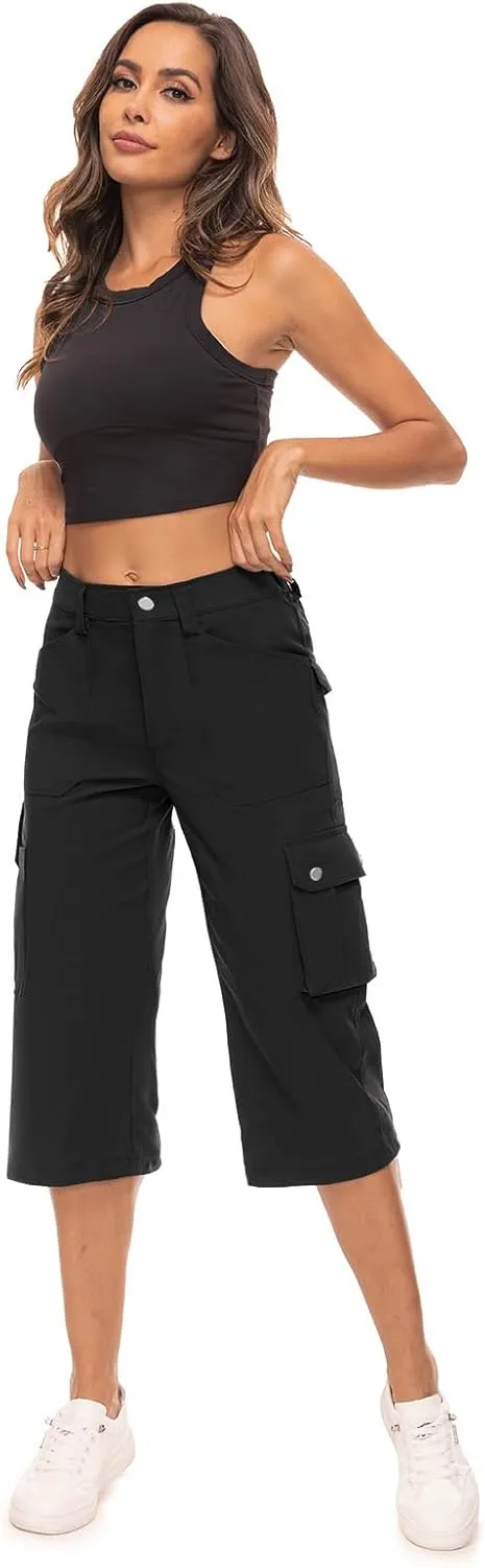 Moosehill Women's-Cargo-Capris-Pants High Waist Waterproof Hiking Casual Travel Summer Pants for Women with 6 Pockets